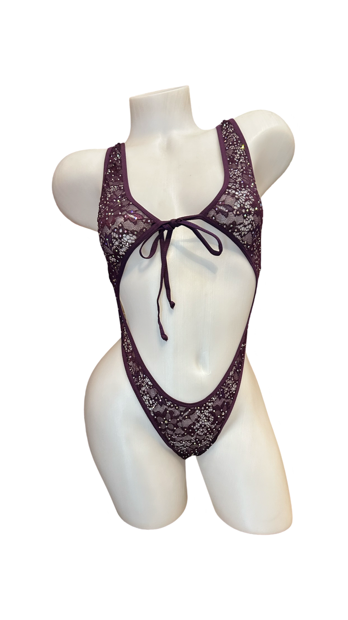 Crystal Lace Front Tie Bodysuit Violet