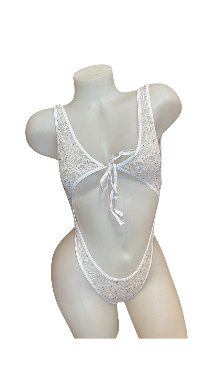 Crystal Lace Front Tie Bodysuit White