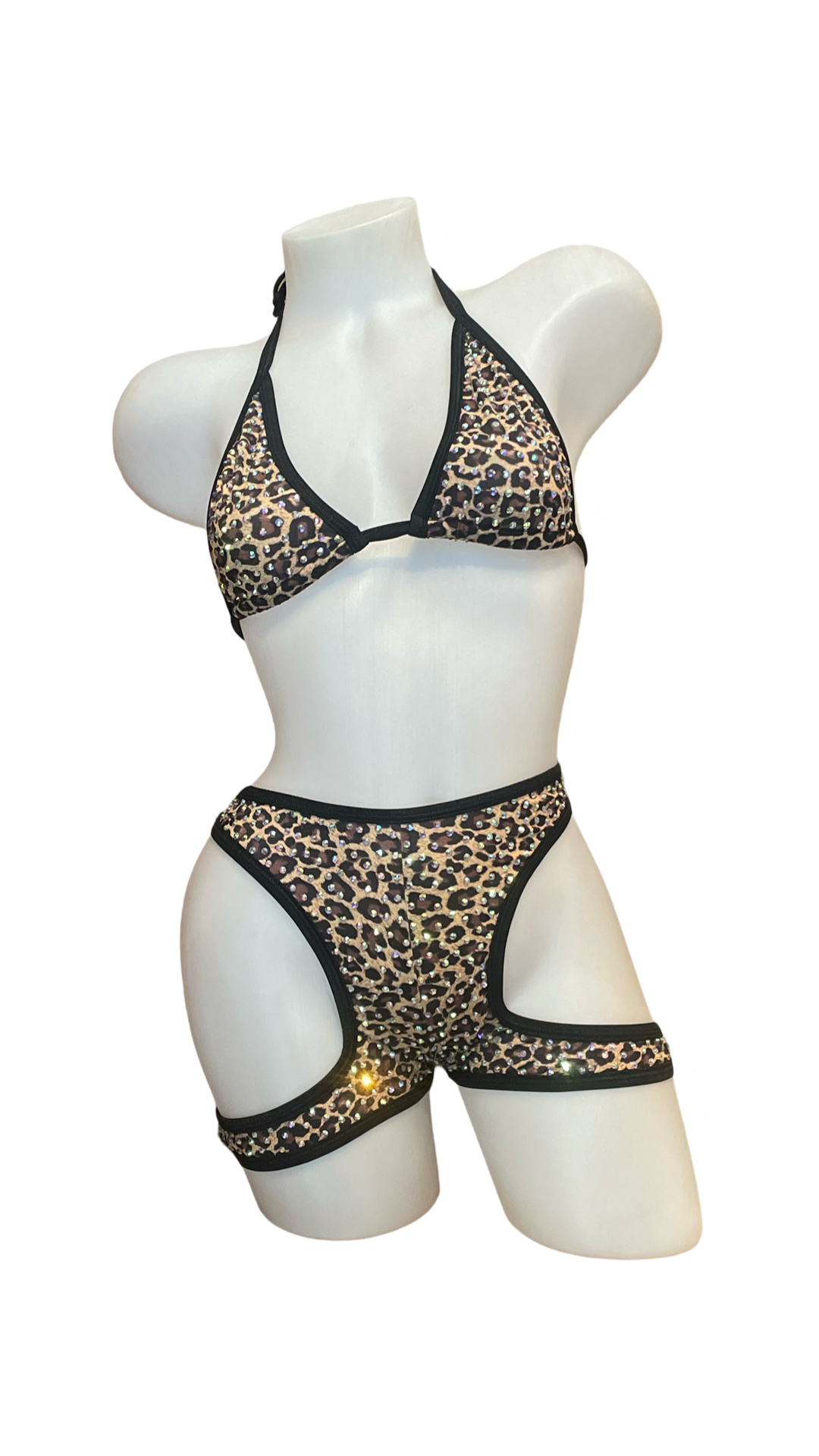 Rhinestone Triangle Top Booty Garter Shorts Cheetah