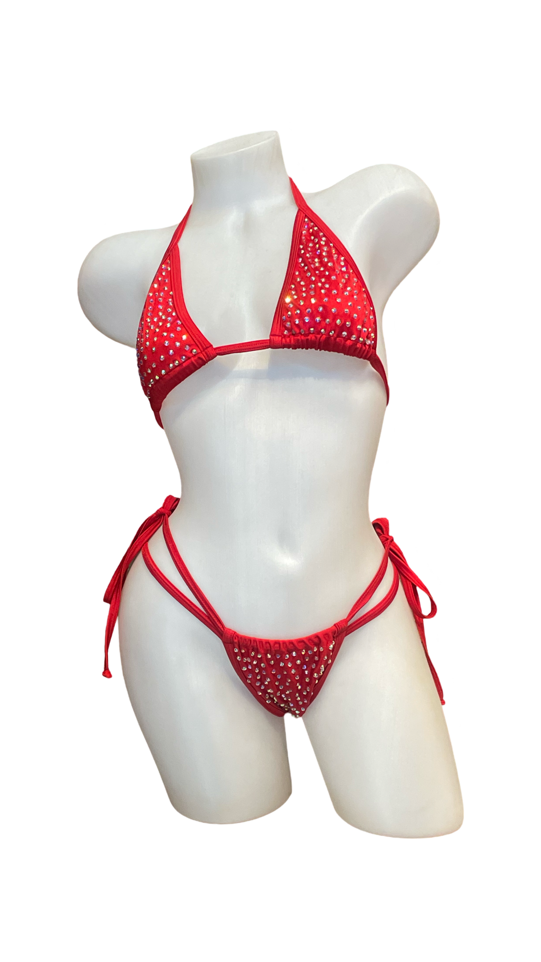 Rhinestone Tie Bottom Bikini Red - Model Express Vancouver