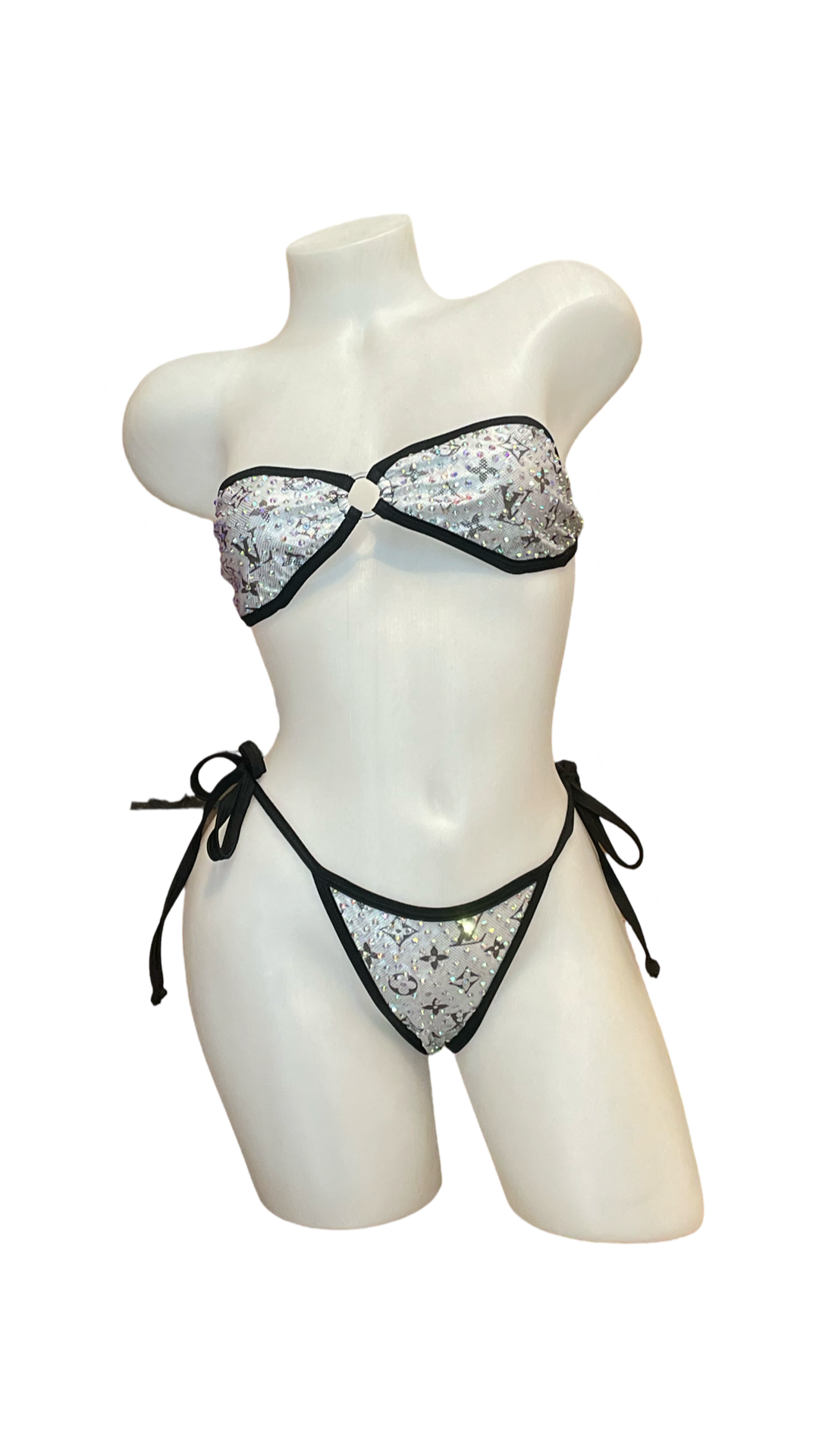 Rhinestone Tie Bandeau Bikini Black/Silver Design - Model Express Vancouver