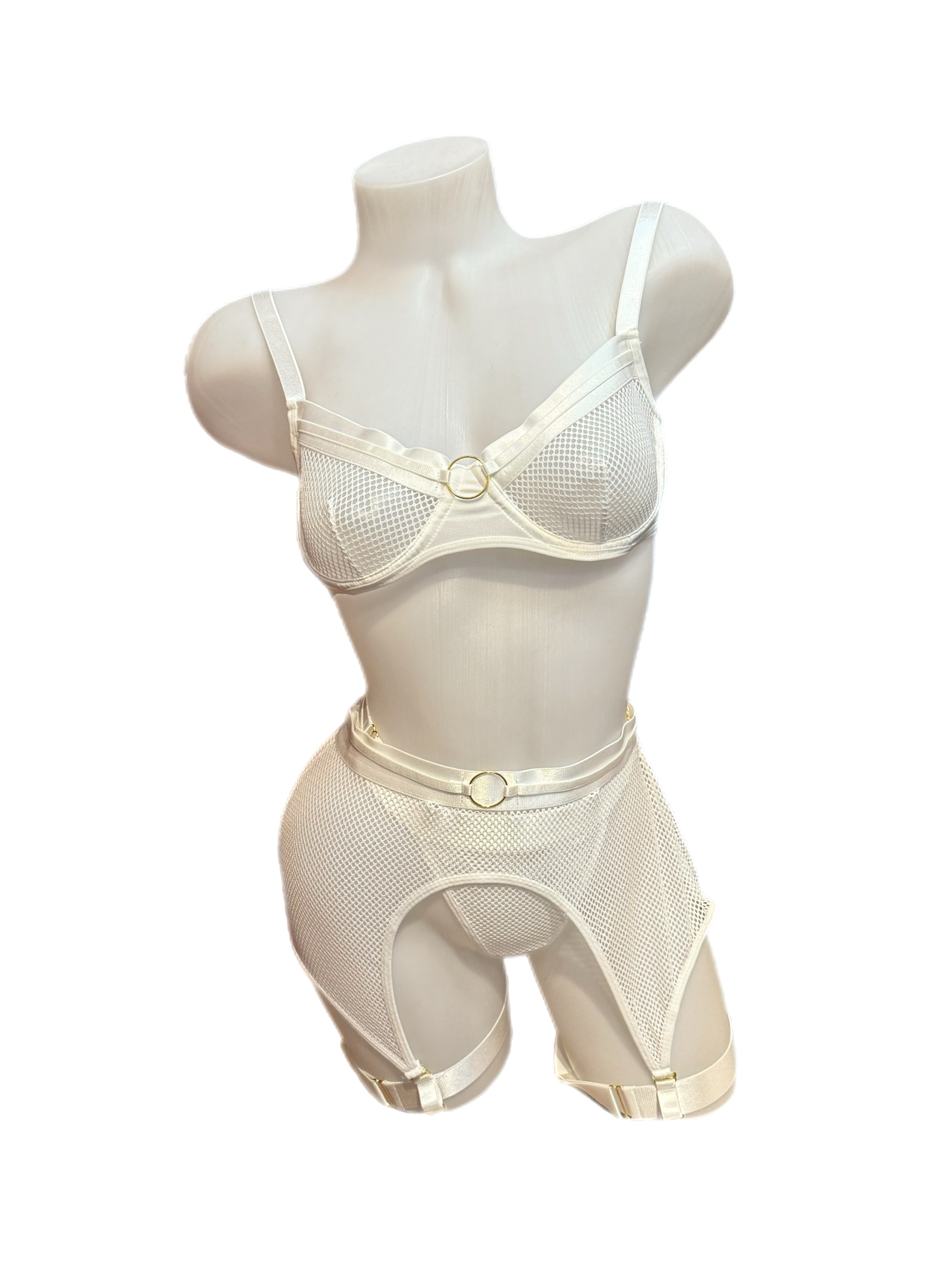 Fishnet Underwire Bra, Garterbelt and Panty Set White - Model Express Vancouver