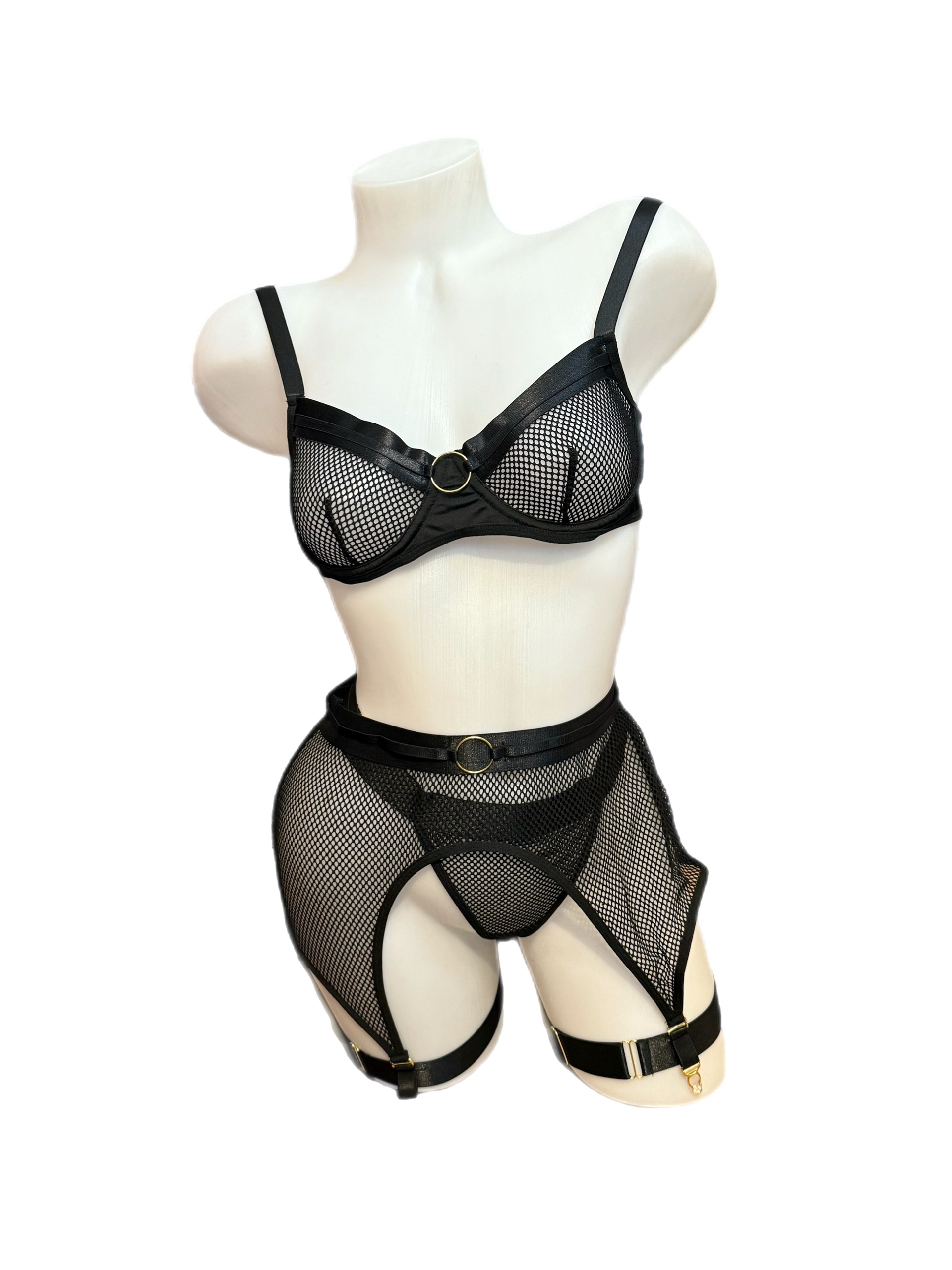 Fishnet Underwire Bra, Garterbelt and Panty Set Black - Model Express Vancouver