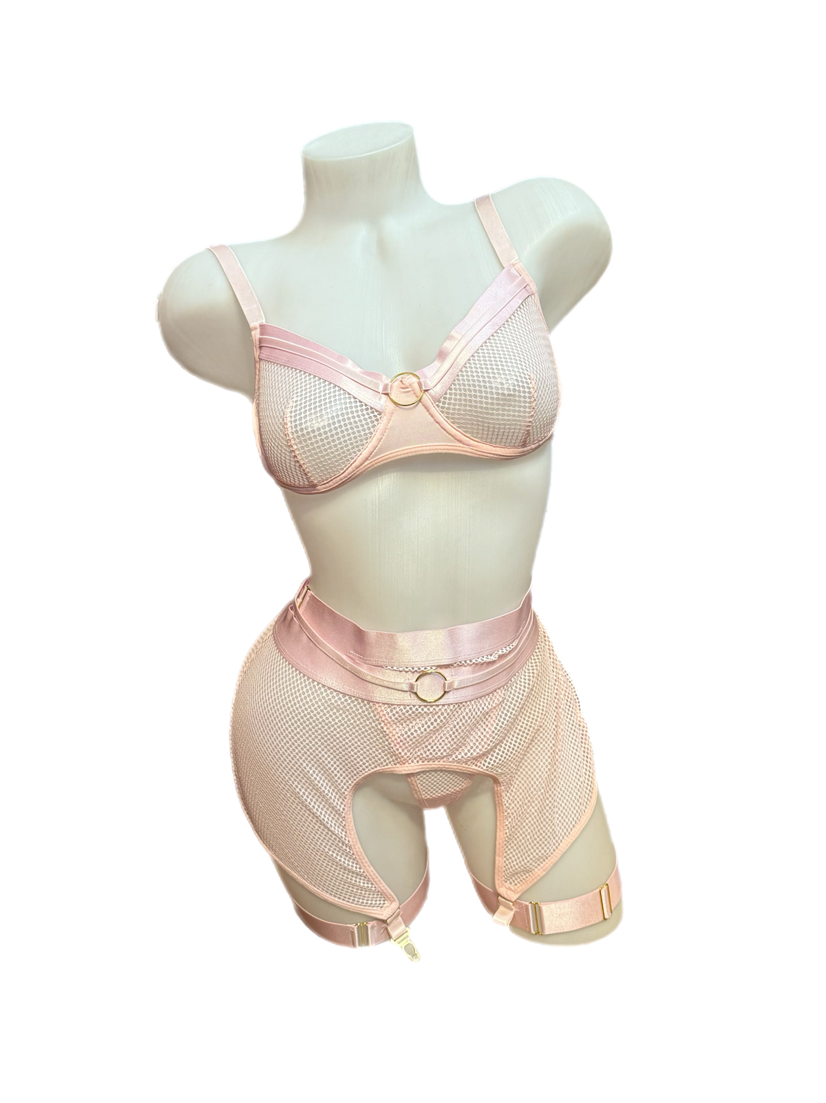 Fishnet Underwire Bra, Garterbelt and Panty Set Pink - Model Express Vancouver