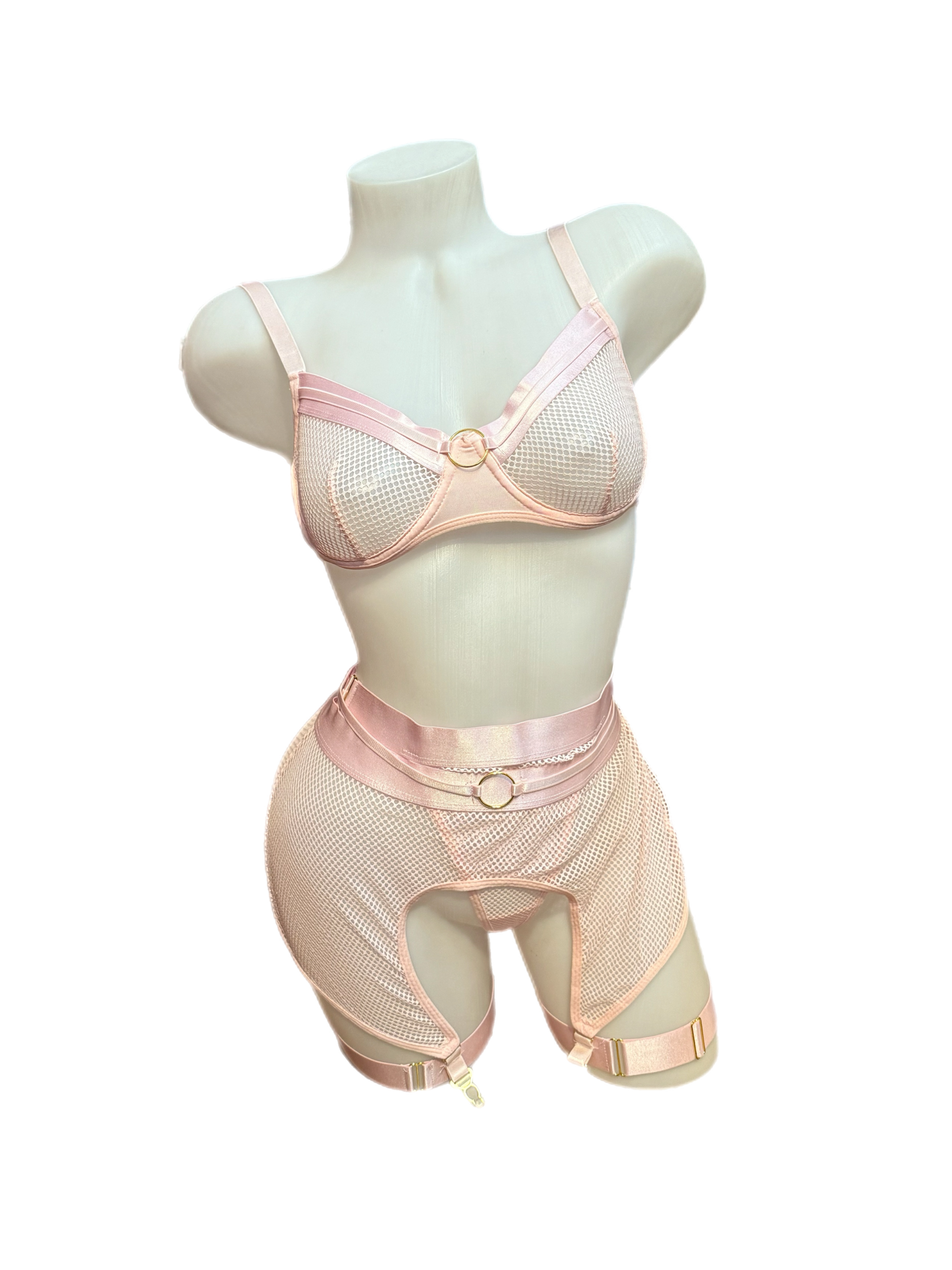 Fishnet Underwire Bra, Garterbelt and Panty Set Pink - Model Express Vancouver