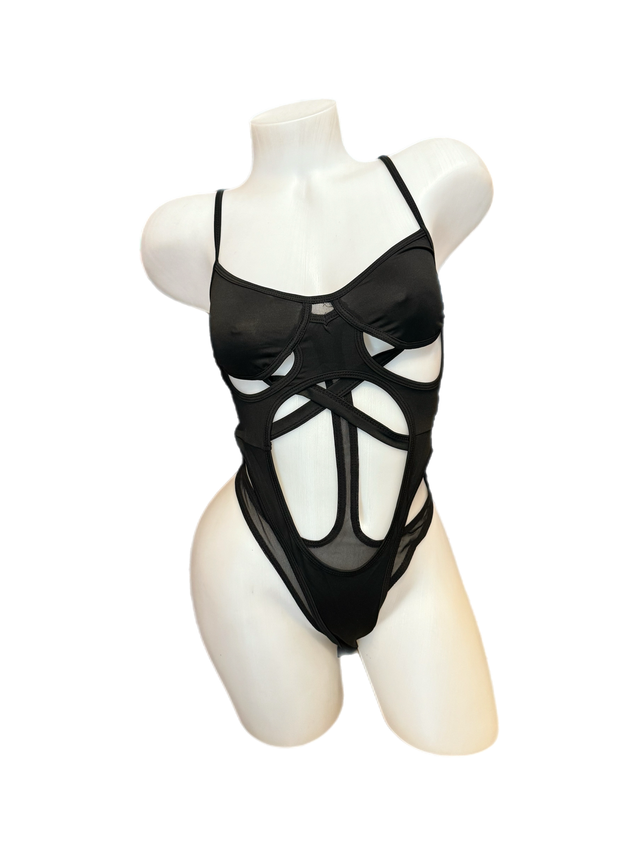 Cut Out Mesh and Nylon Bodysuit Black