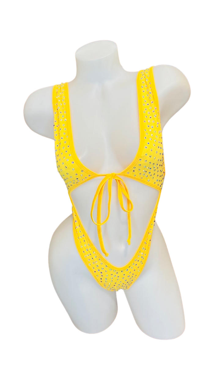 Rhinestone Front Tie One Piece Yellow