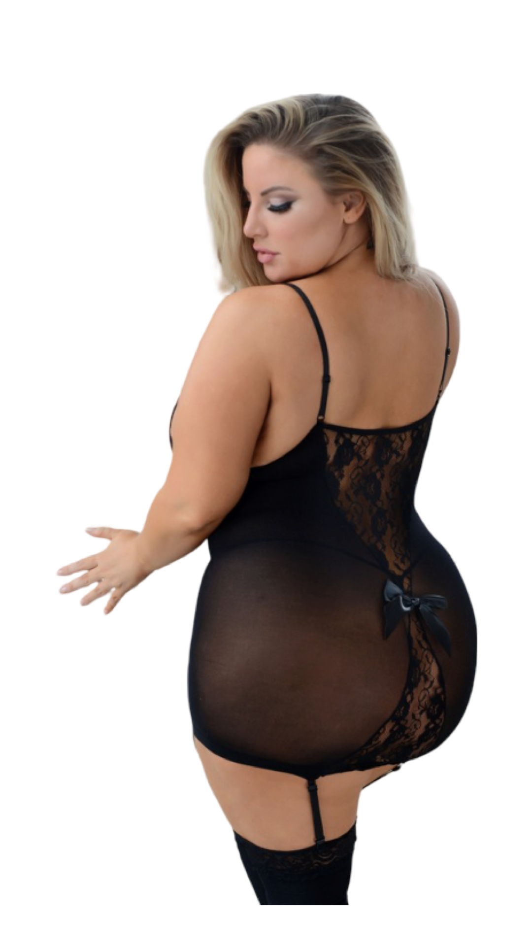 Plus Size Lace Dress with Attached Garter Stockings Black