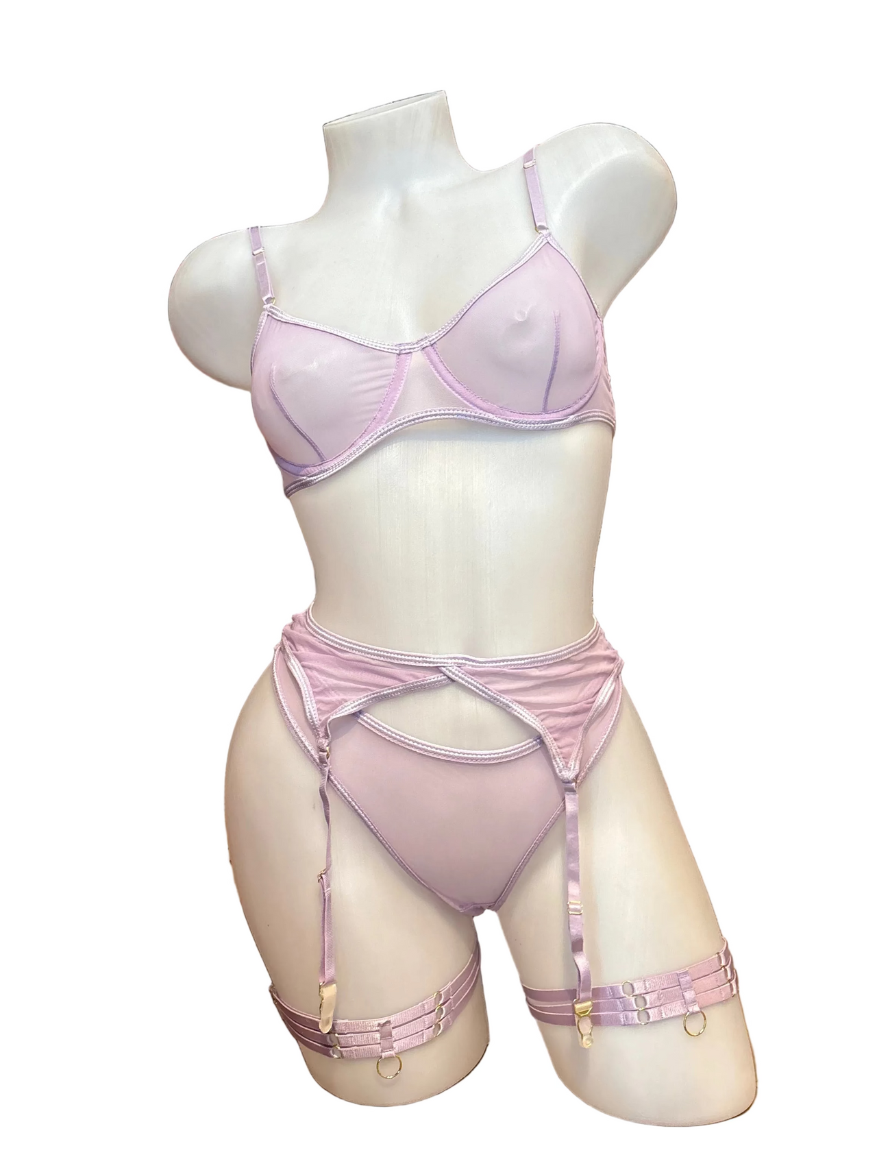 Underwire Bra, Panty and Garter Set Lavender