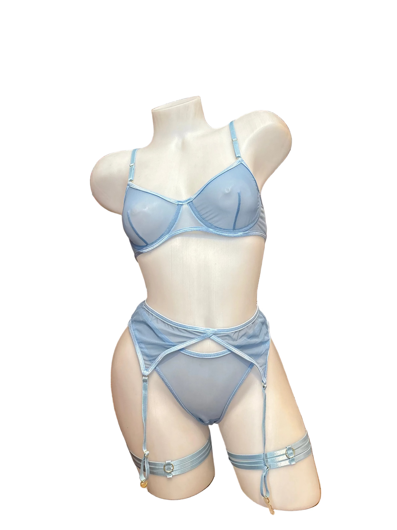 Underwire Bra, Panty and Garter Set Baby Blue