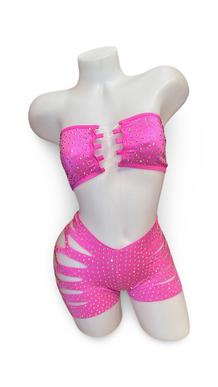 Rhinestone Bandeau Top and Cut Out Short Set Neon Pink