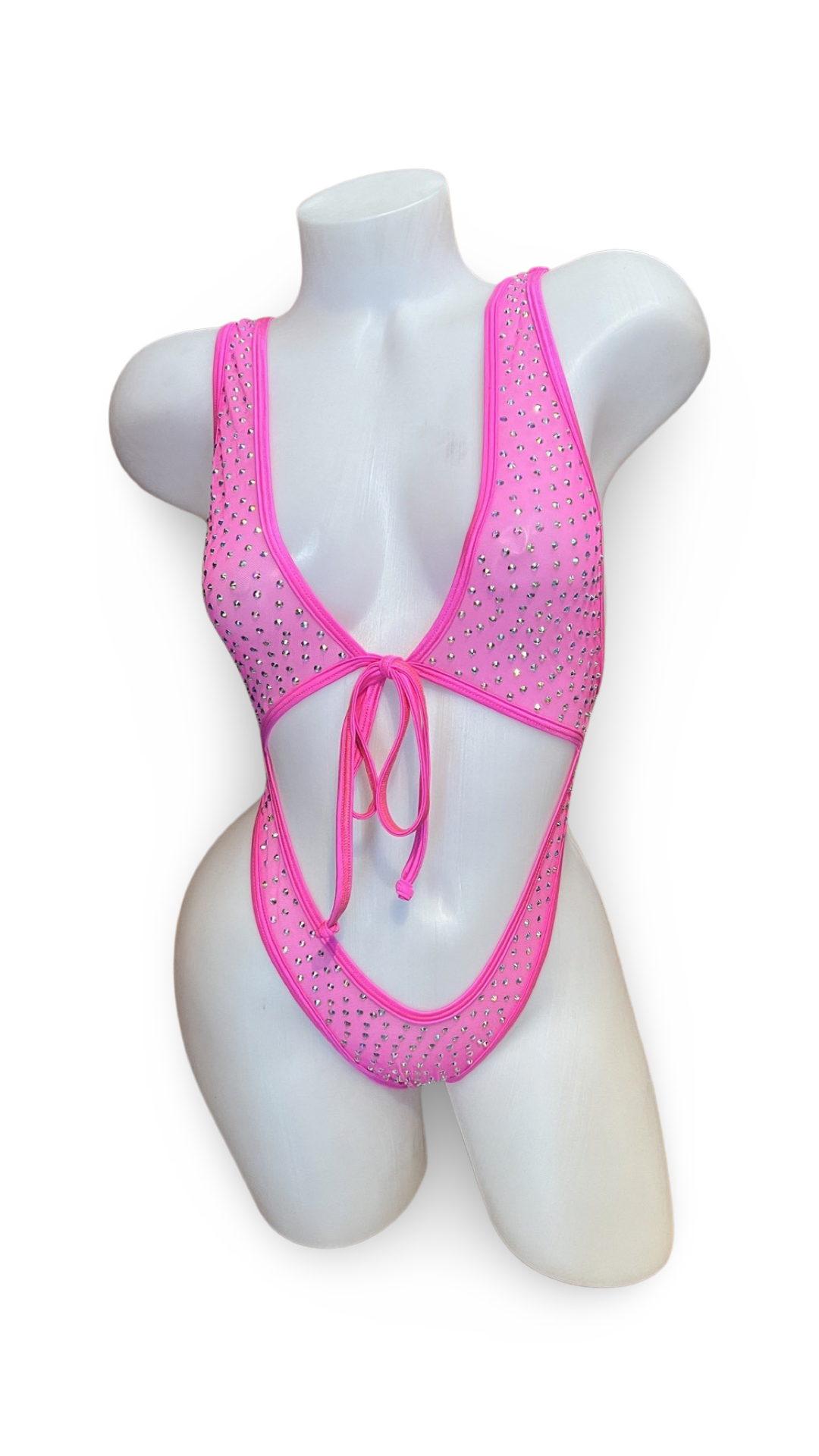 Rhinestone Front Tie One Piece Hot Pink Mesh - Model Express Vancouver