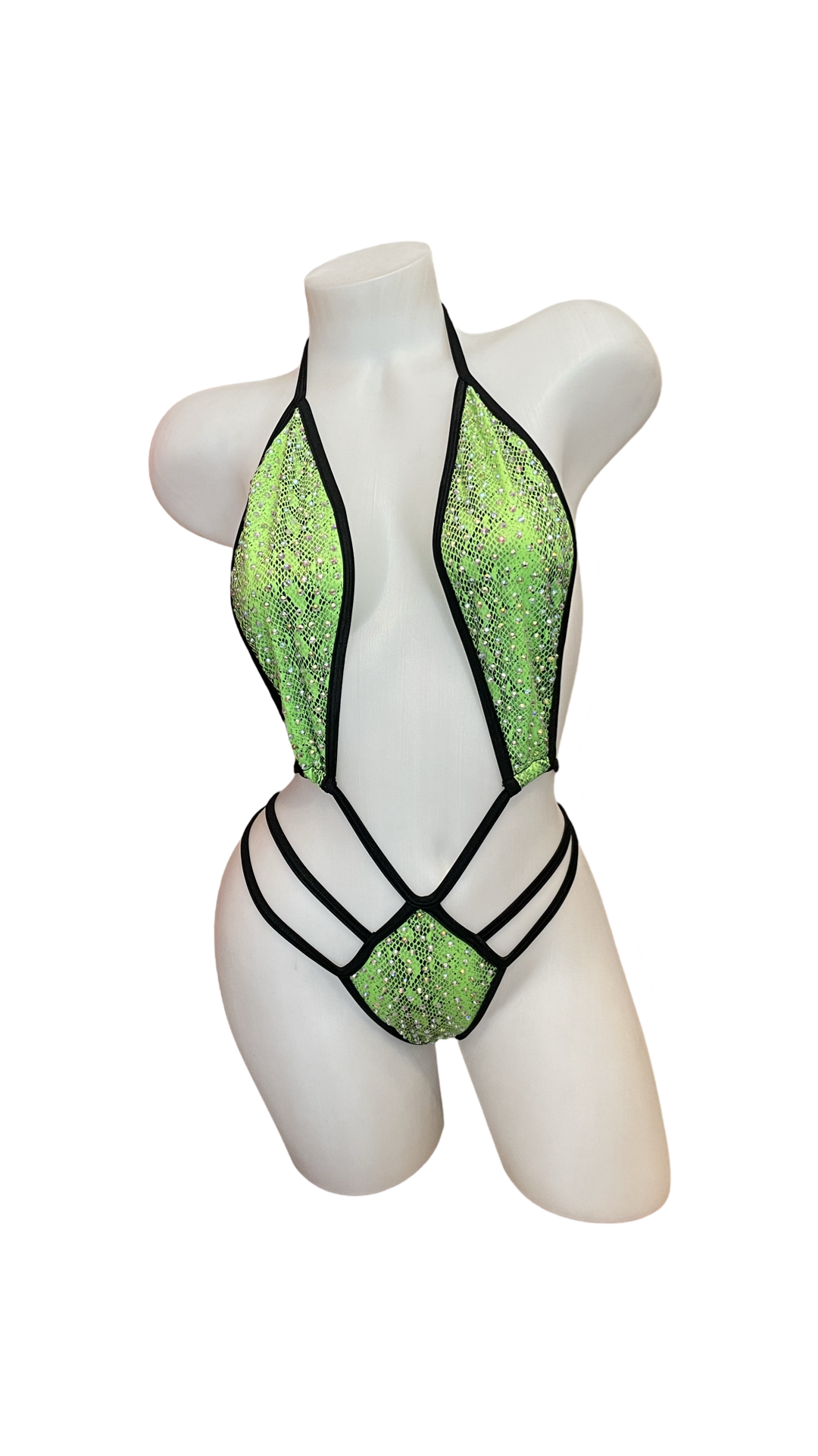 Rhinestone Strappy Fishnet One Piece Snake Green - Model Express Vancouver