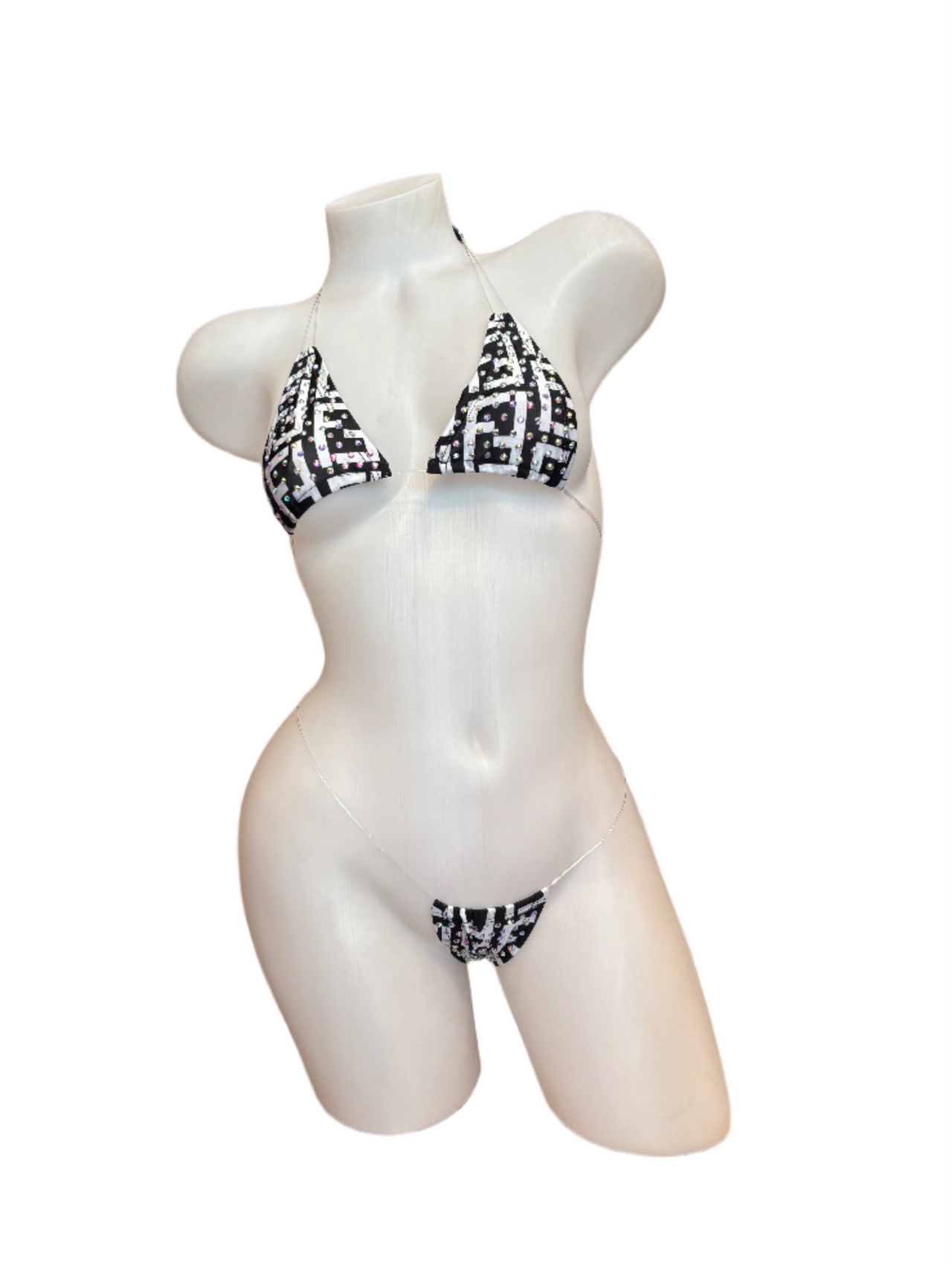 Rhinestone Micro Bikini - Design Black/White