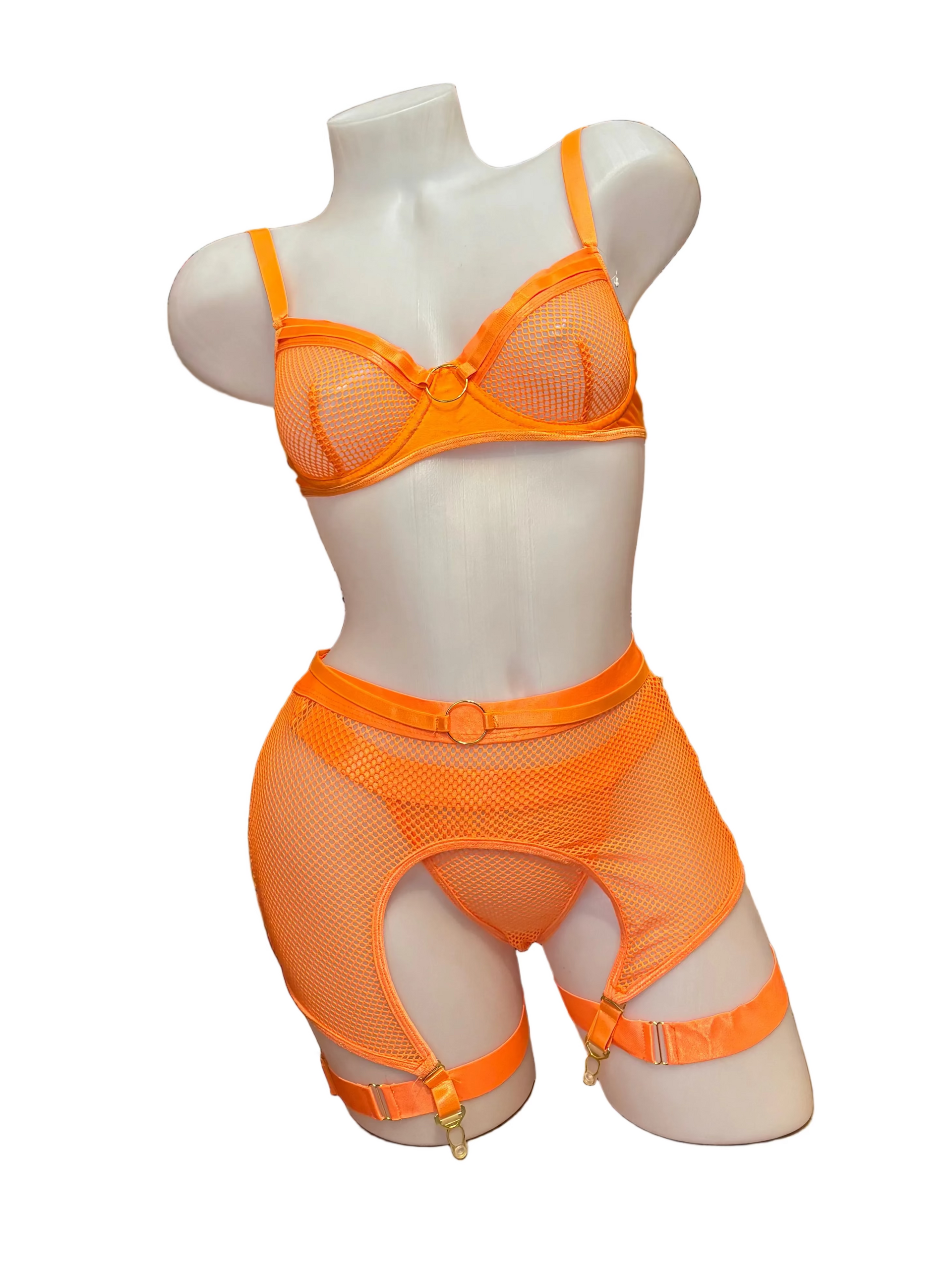 Fishnet Underwire Bra, Garterbelt and Panty Set Orange - Model Express Vancouver