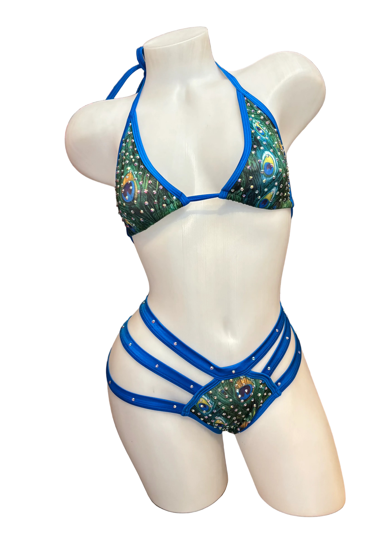 Rhinestone Triple Strap Bikini Set Blue Peacock - Model Express Vancouver