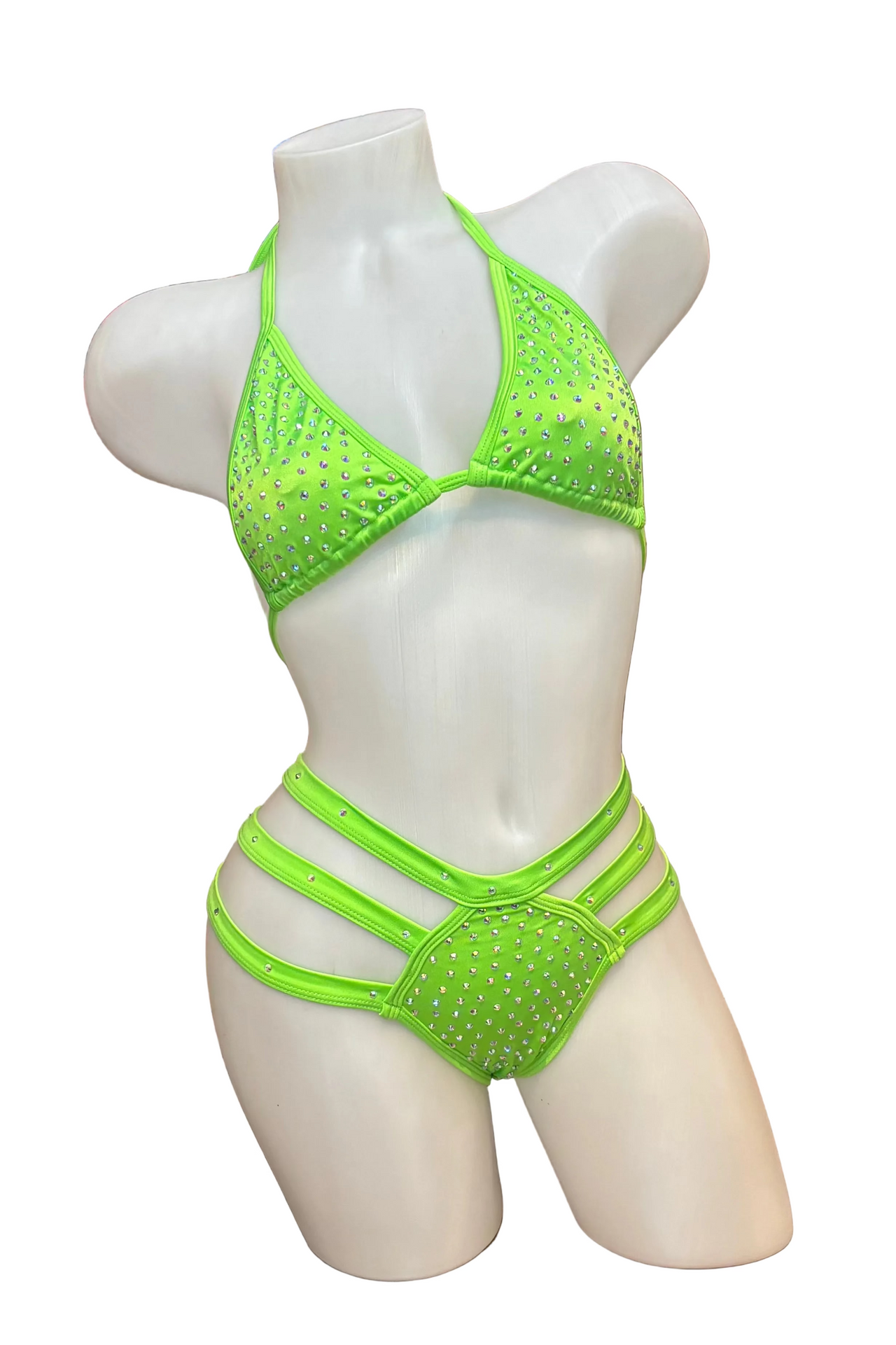 Rhinestone Triple Strap Bikini Set Neon Green - Model Express Vancouver