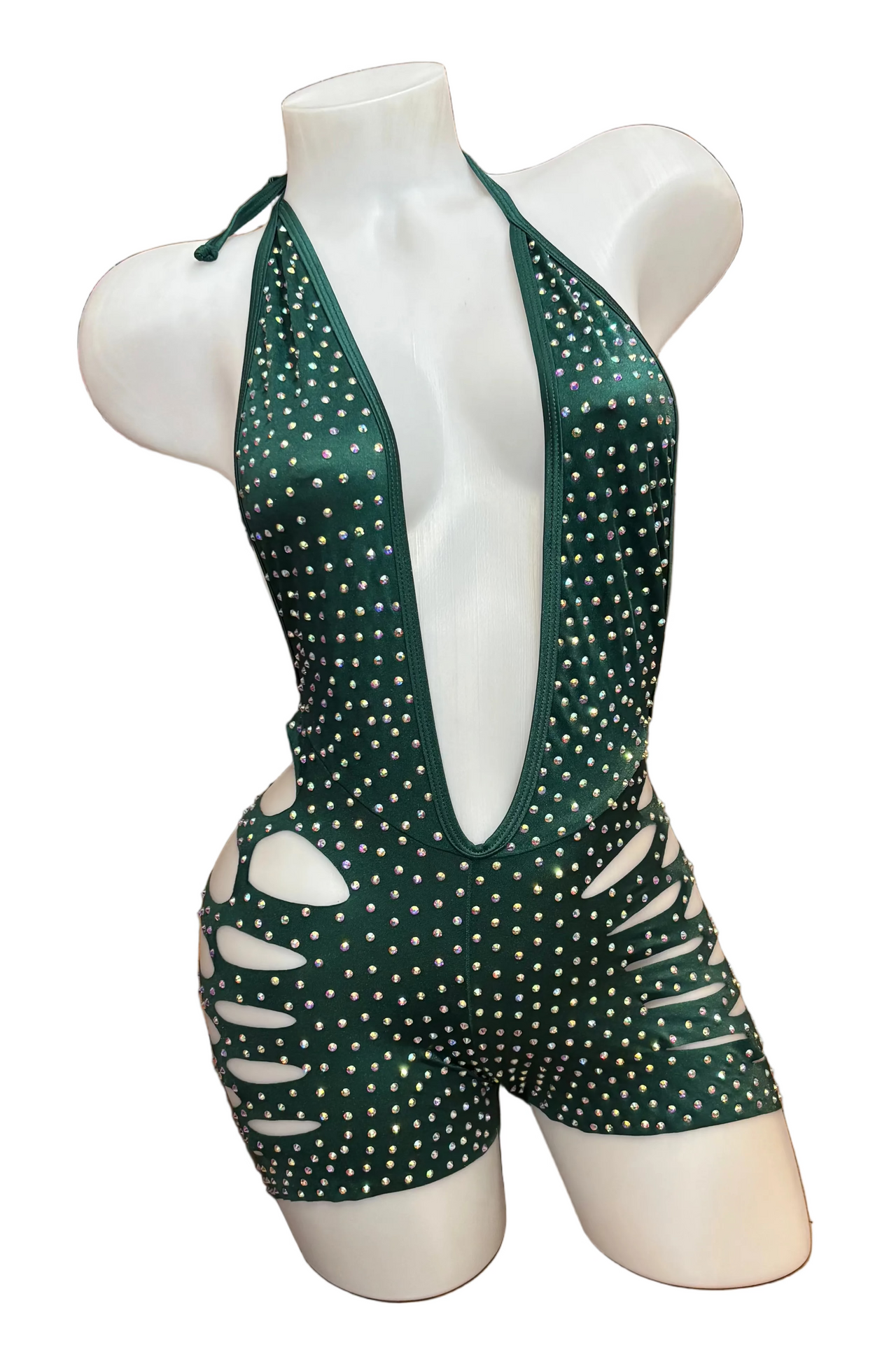 Rhinestone One Piece Short Set Forest Green