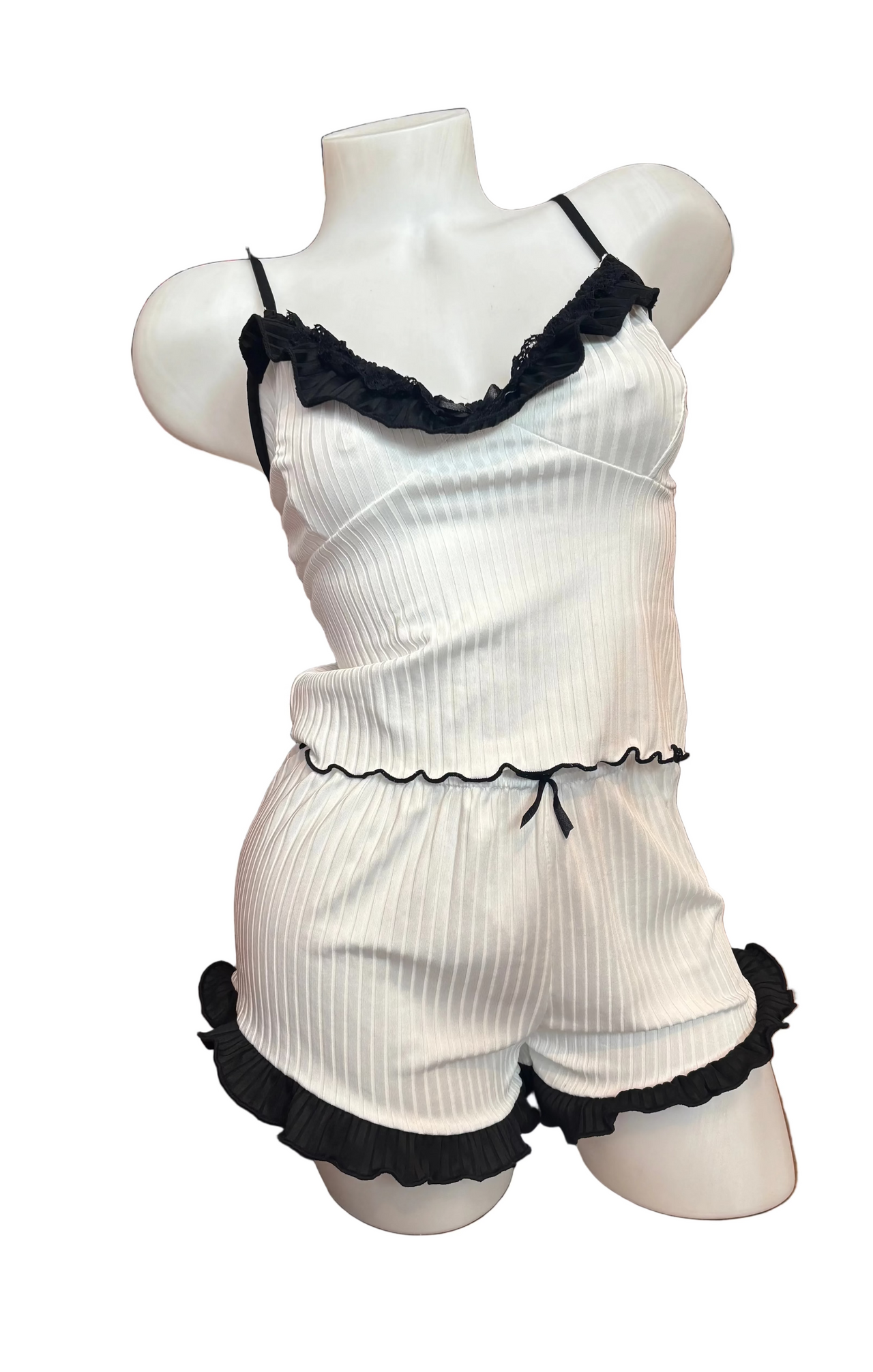 Ribbed Ruffle Camisole and Short Set White