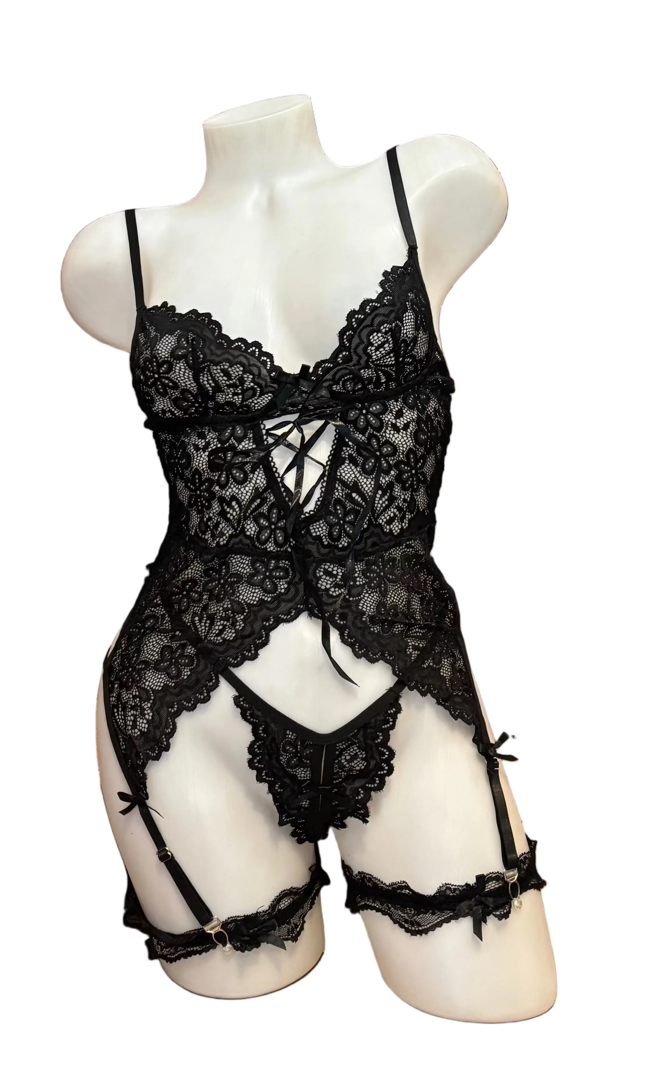 Lace Bustier with Garters, Thong and Leg Garters