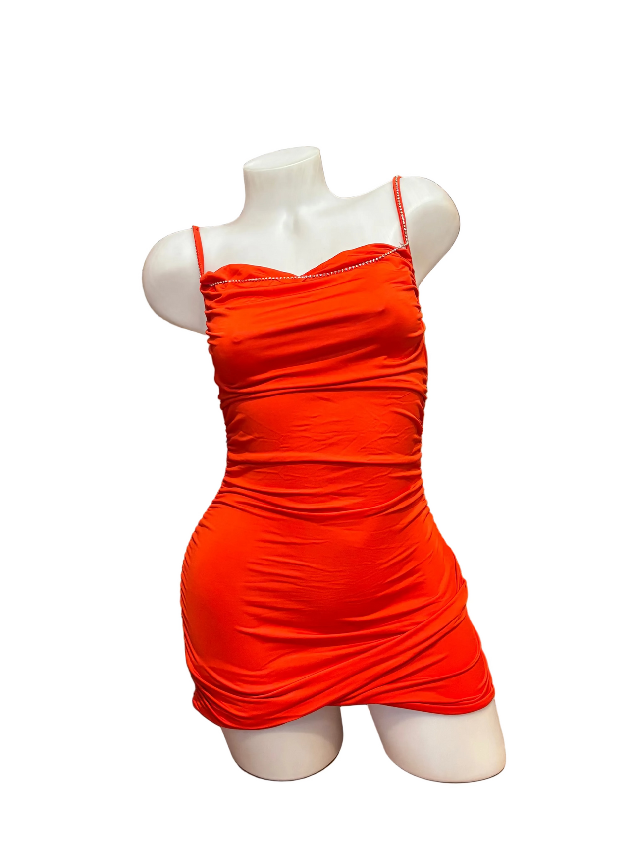 Spaghetti Strap Ruched Dress with Rhinestones Red