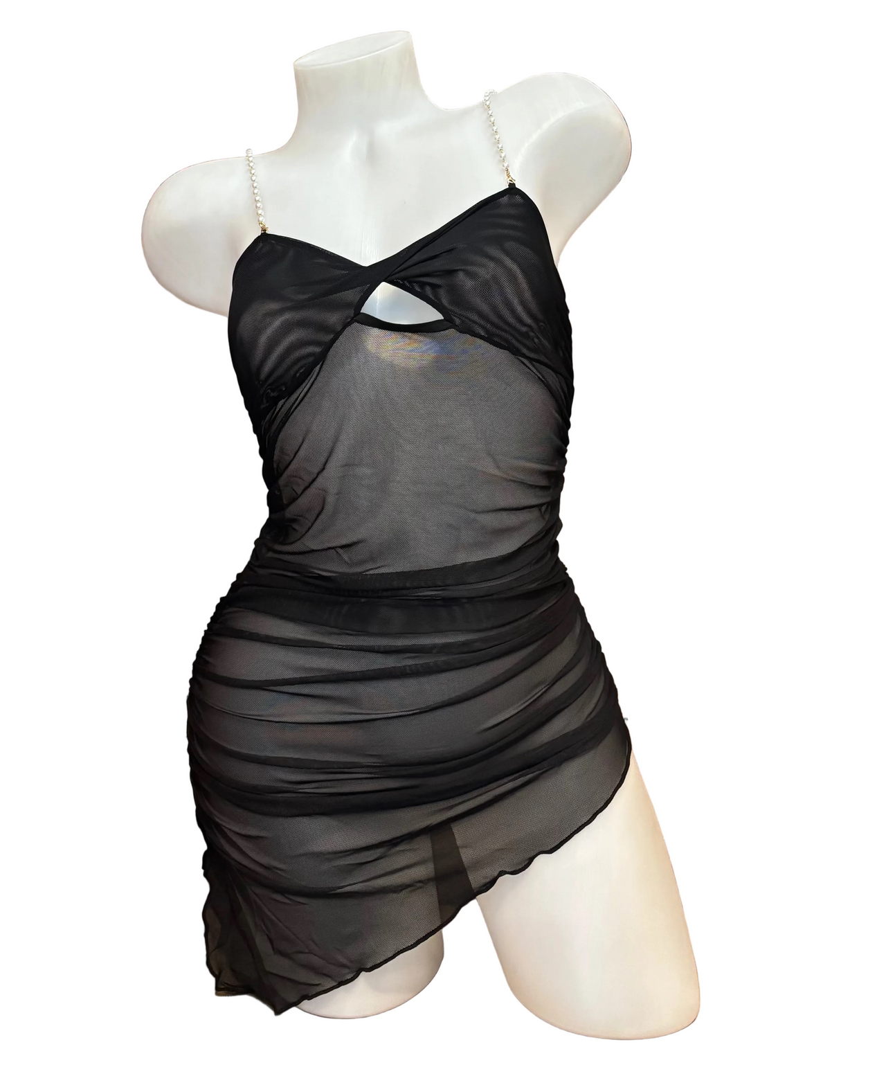Pearl Strap Mesh Dress Black