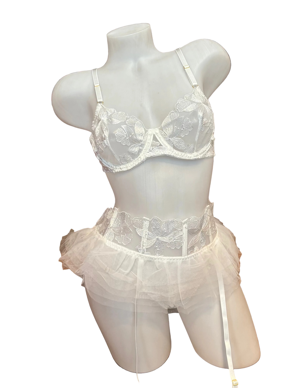Lace Underwire, Garter Skirt and Panty Set White