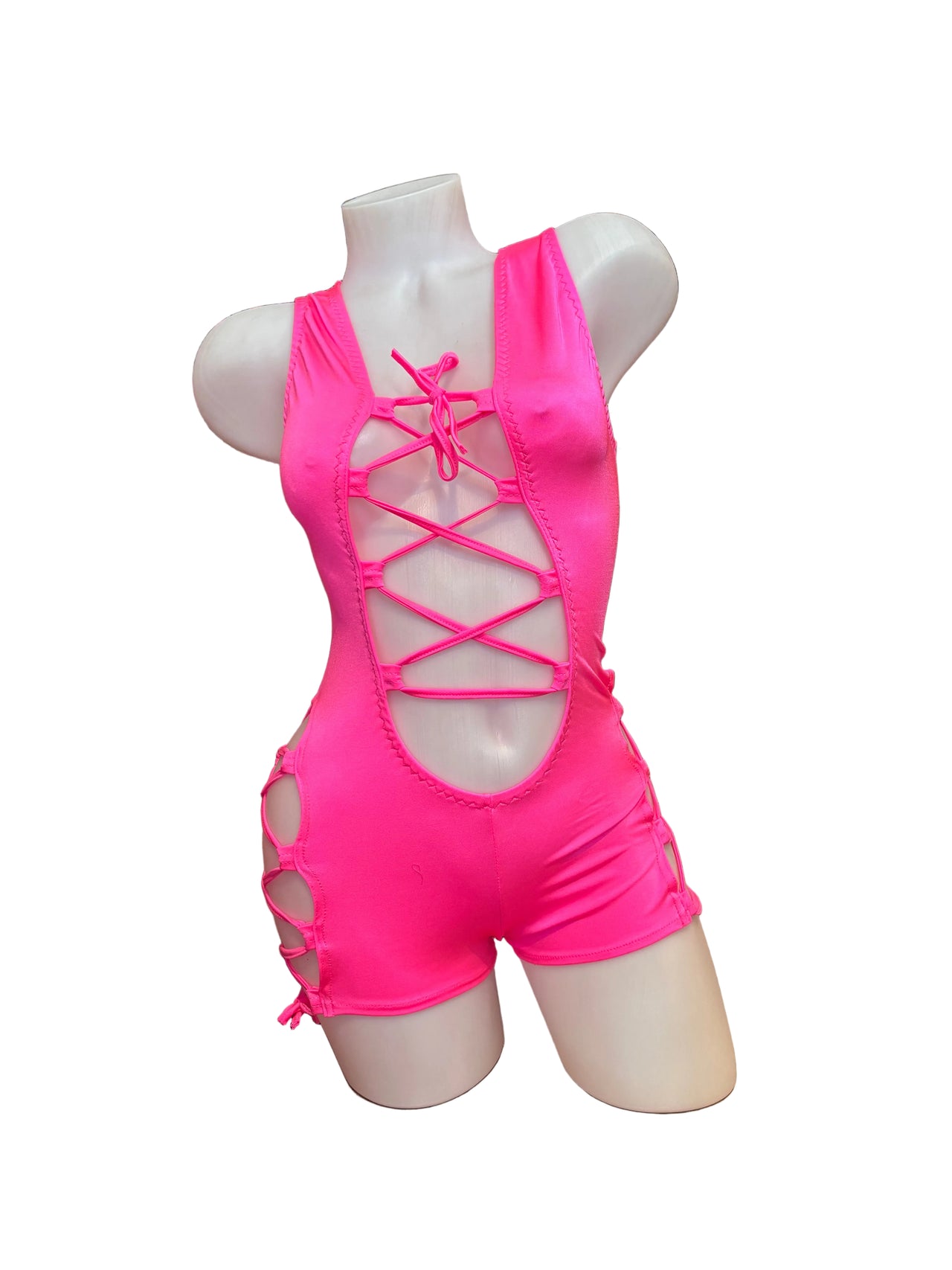 Lace Up Side and Front Romper Hot PInk - Model Express Vancouver
