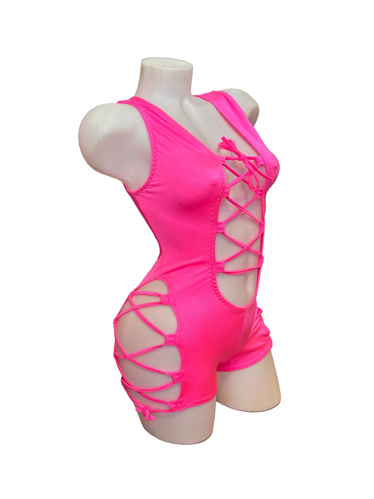 Lace Up Side and Front Romper Hot PInk - Model Express Vancouver