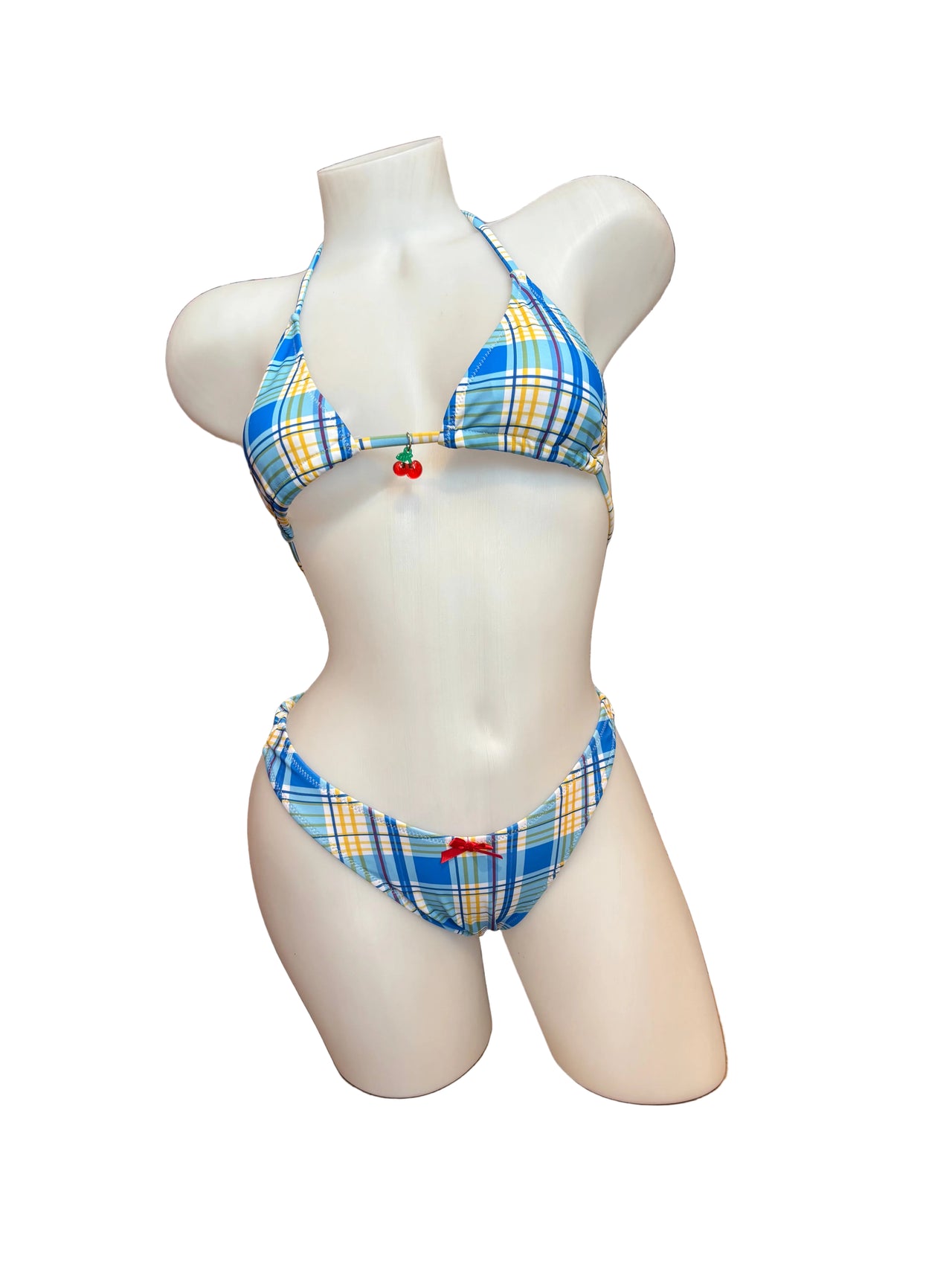 Plaid Blue/Yellow Bikini with Red Cherry - Model Express Vancouver
