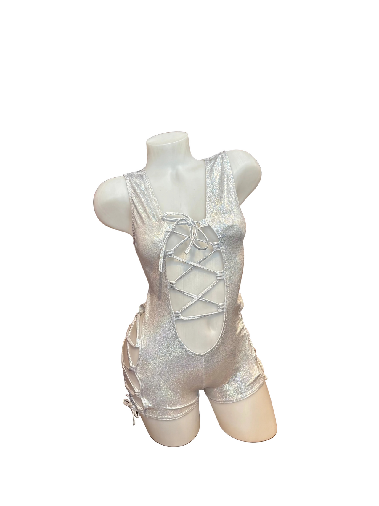 Lace Up Side and Front Romper Holographic Silver - Model Express Vancouver