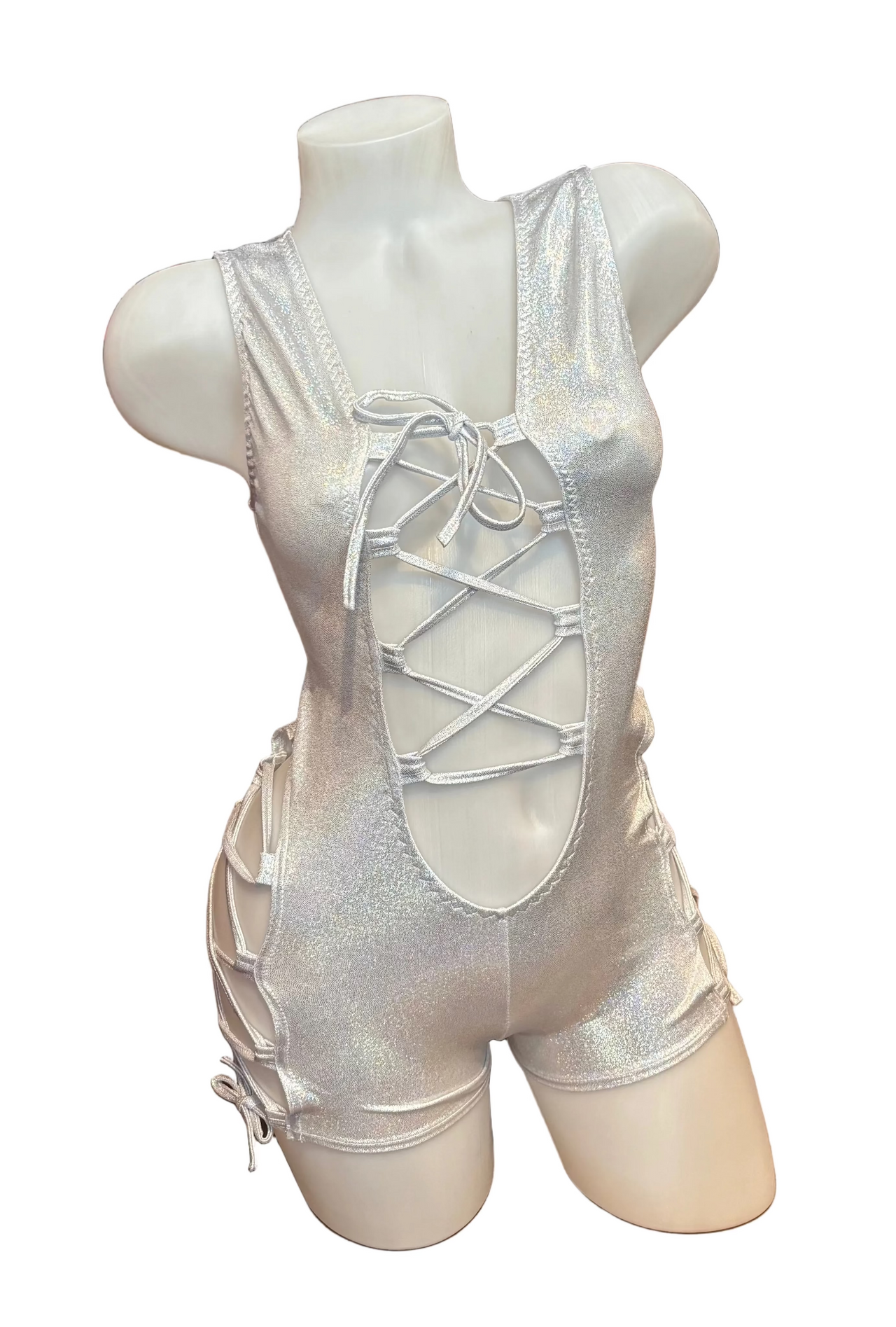 Lace Up Side and Front Romper Holographic Silver - Model Express Vancouver