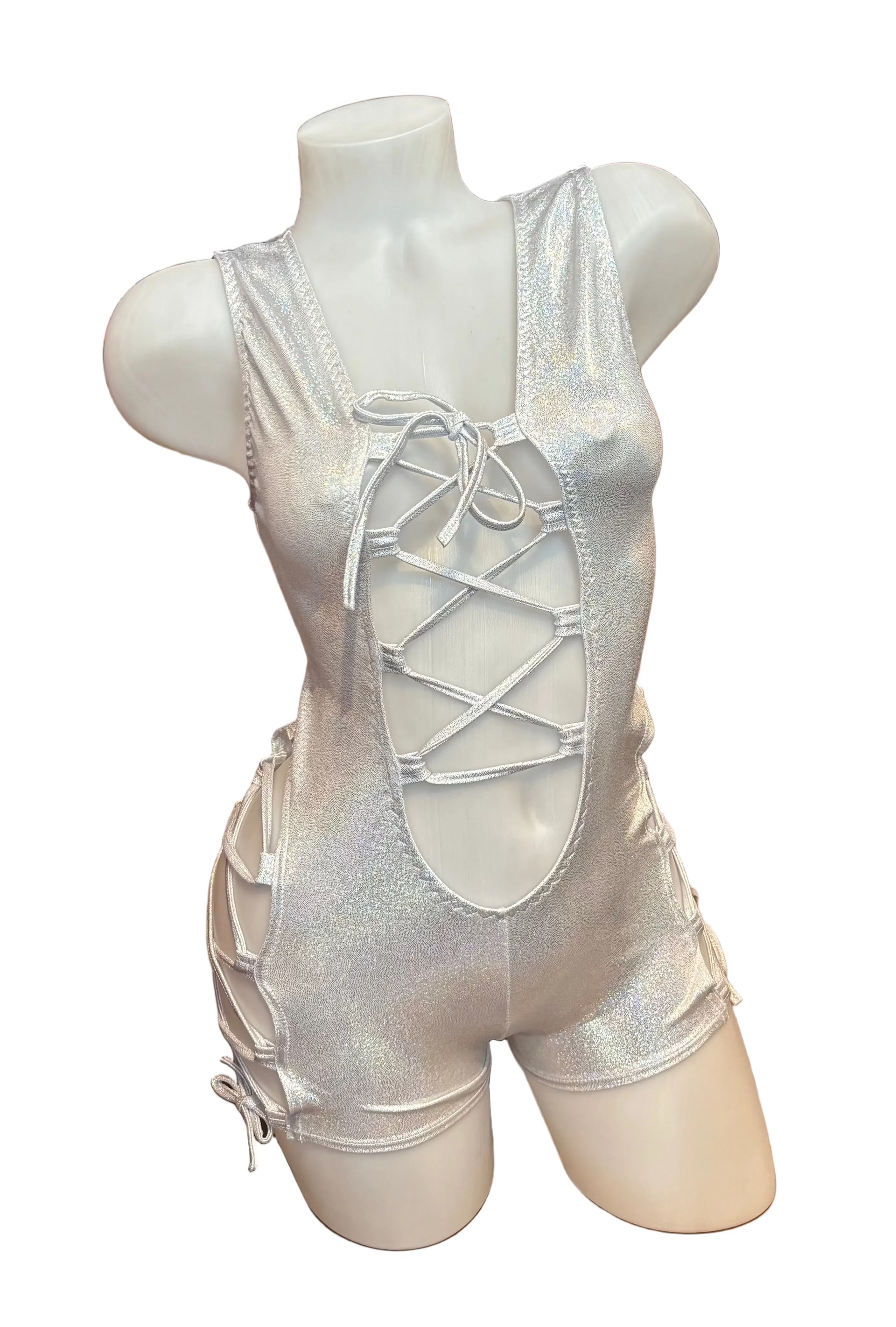 Lace Up Side and Front Romper Holographic Silver - Model Express Vancouver