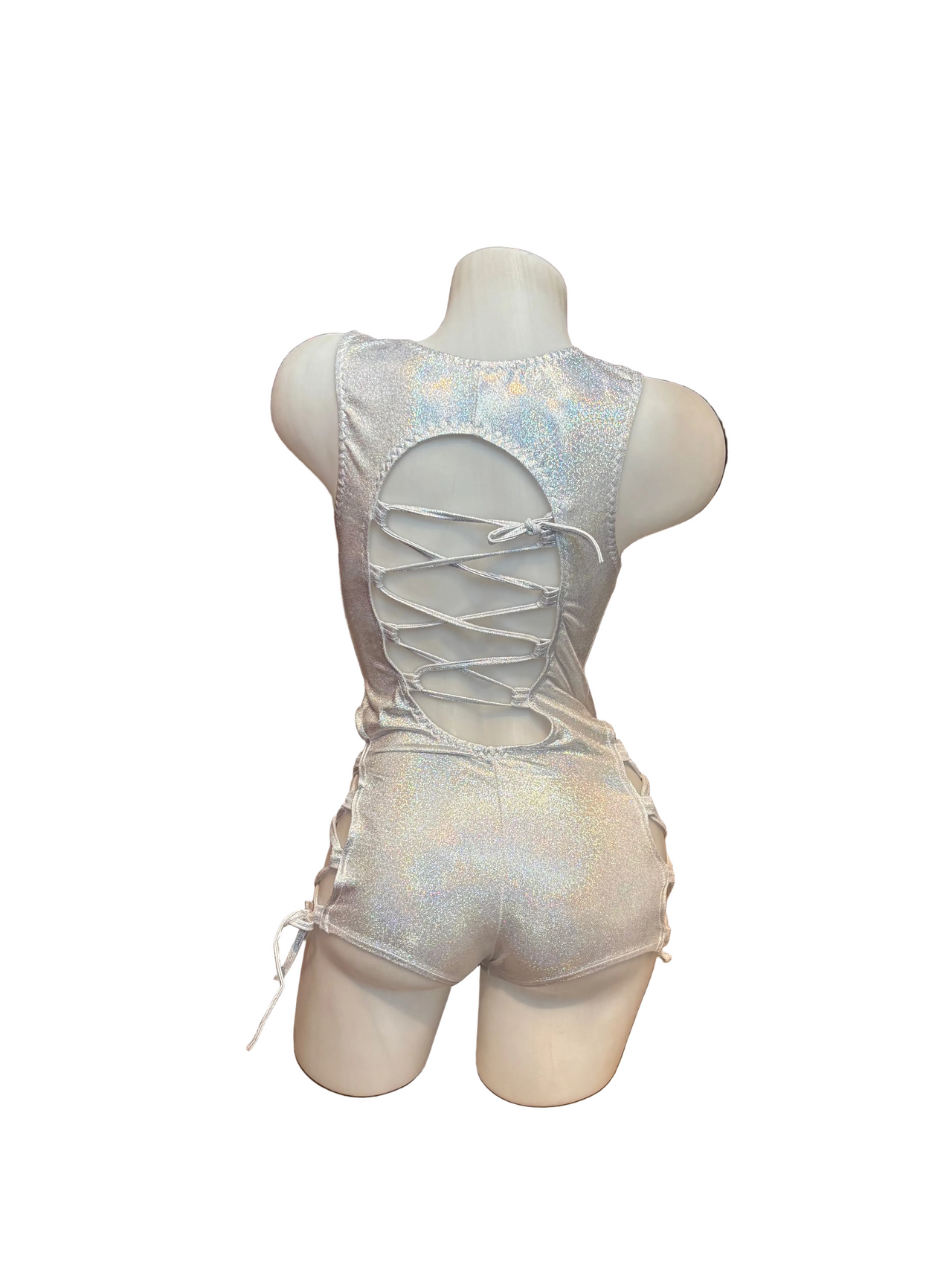 Lace Up Side and Front Romper Holographic Silver - Model Express Vancouver