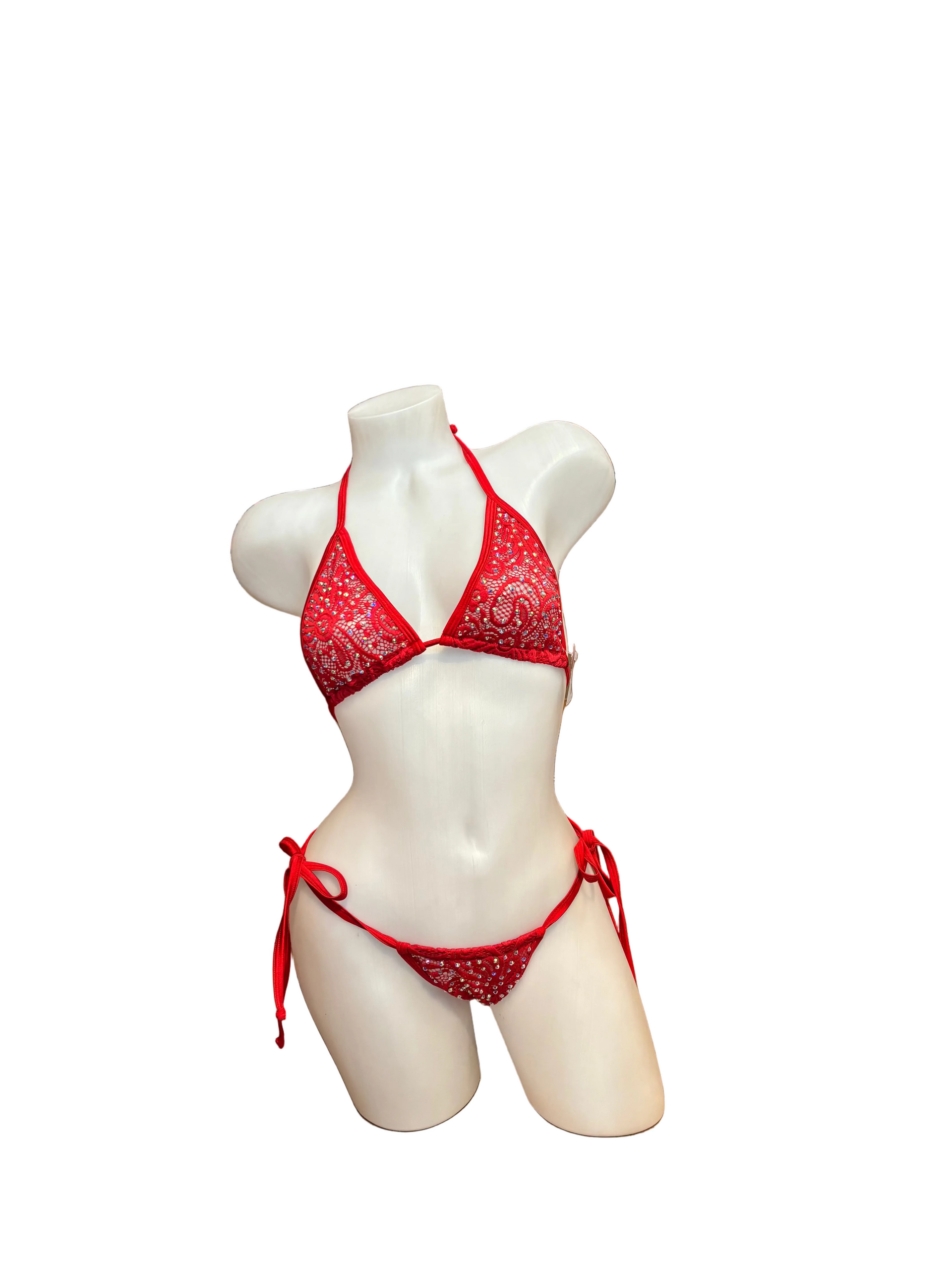Rhinestone Tie Bottom Bikini Red Lace - Model Express Vancouver
