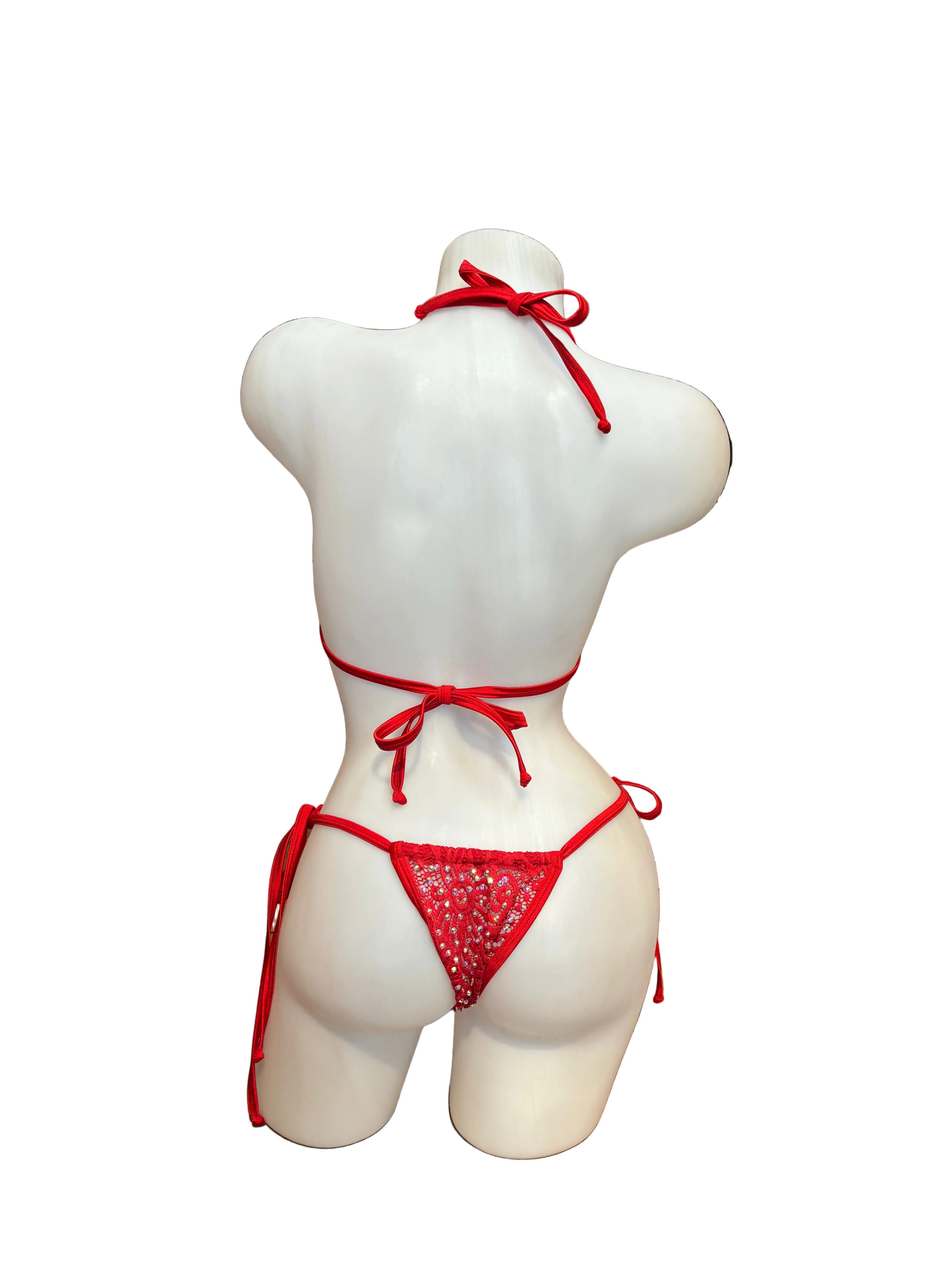 Rhinestone Tie Bottom Bikini Red Lace - Model Express Vancouver