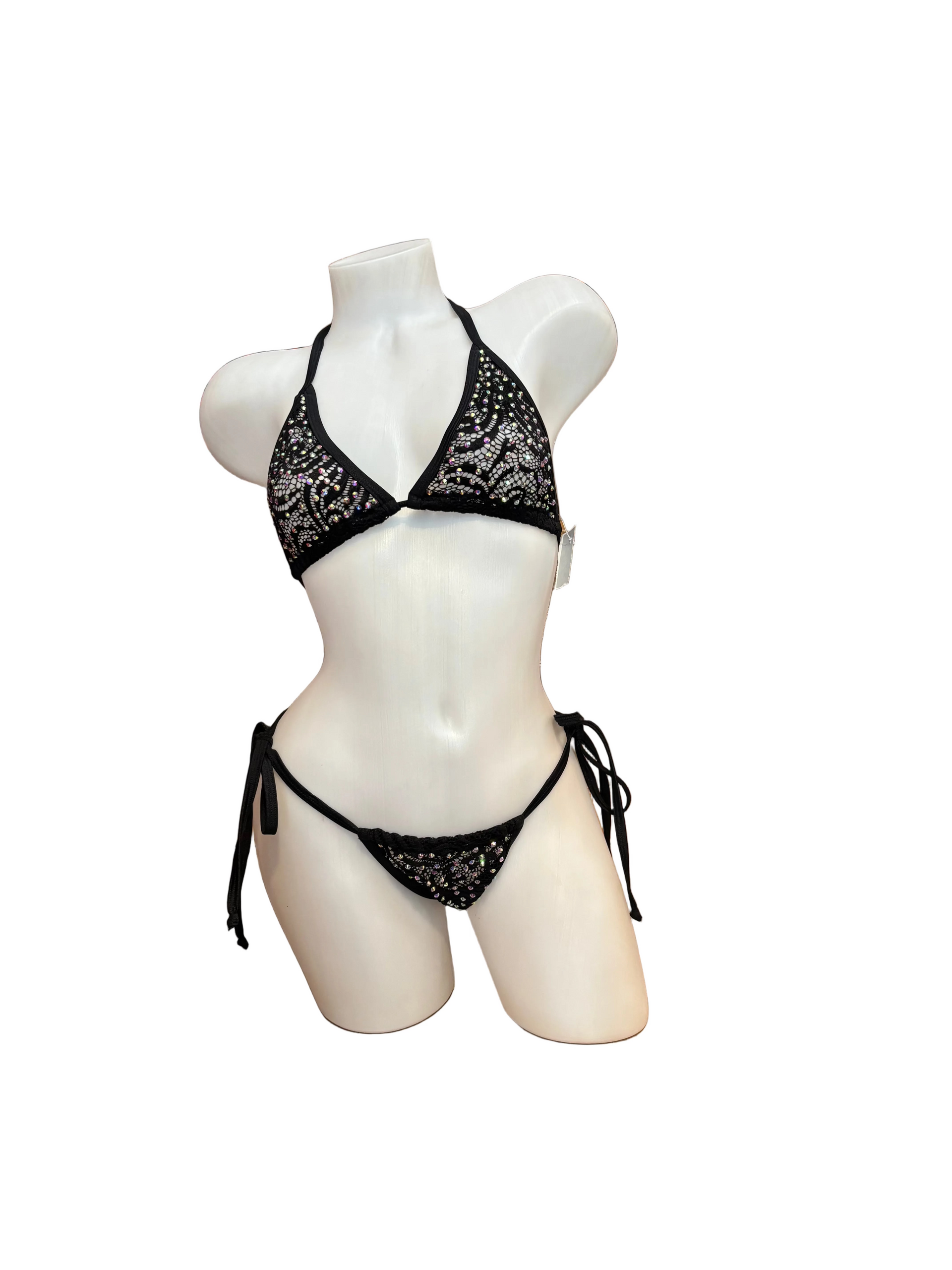 Rhinestone Tie Bottom Bikini Black Lace - Model Express Vancouver