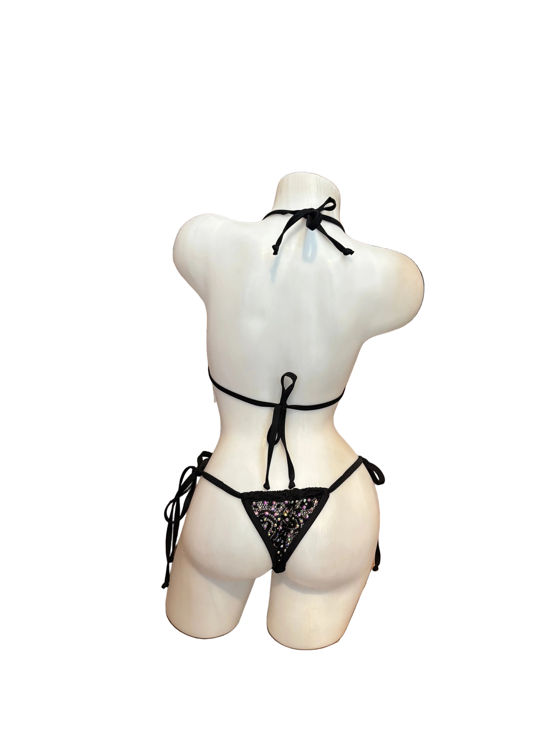 Rhinestone Tie Bottom Bikini Black Lace - Model Express Vancouver