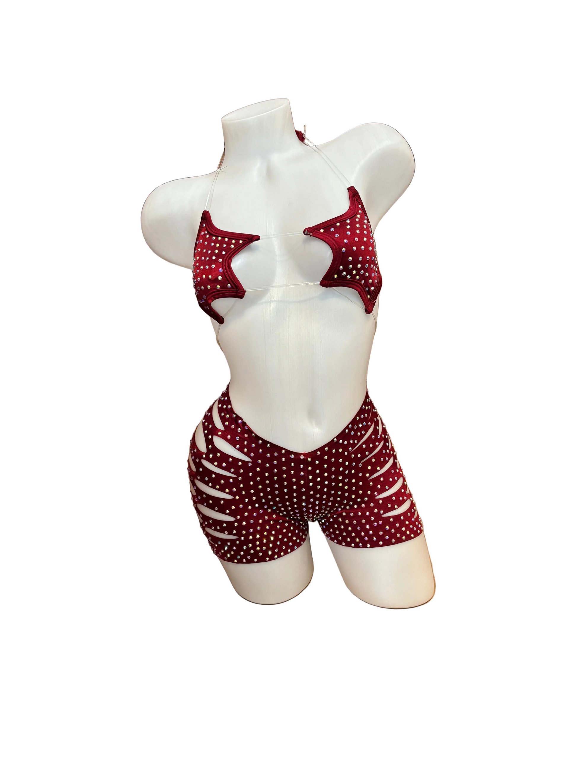 Rhinestone Star Top and Cut Out Short Set Burgundy - Model Express Vancouver