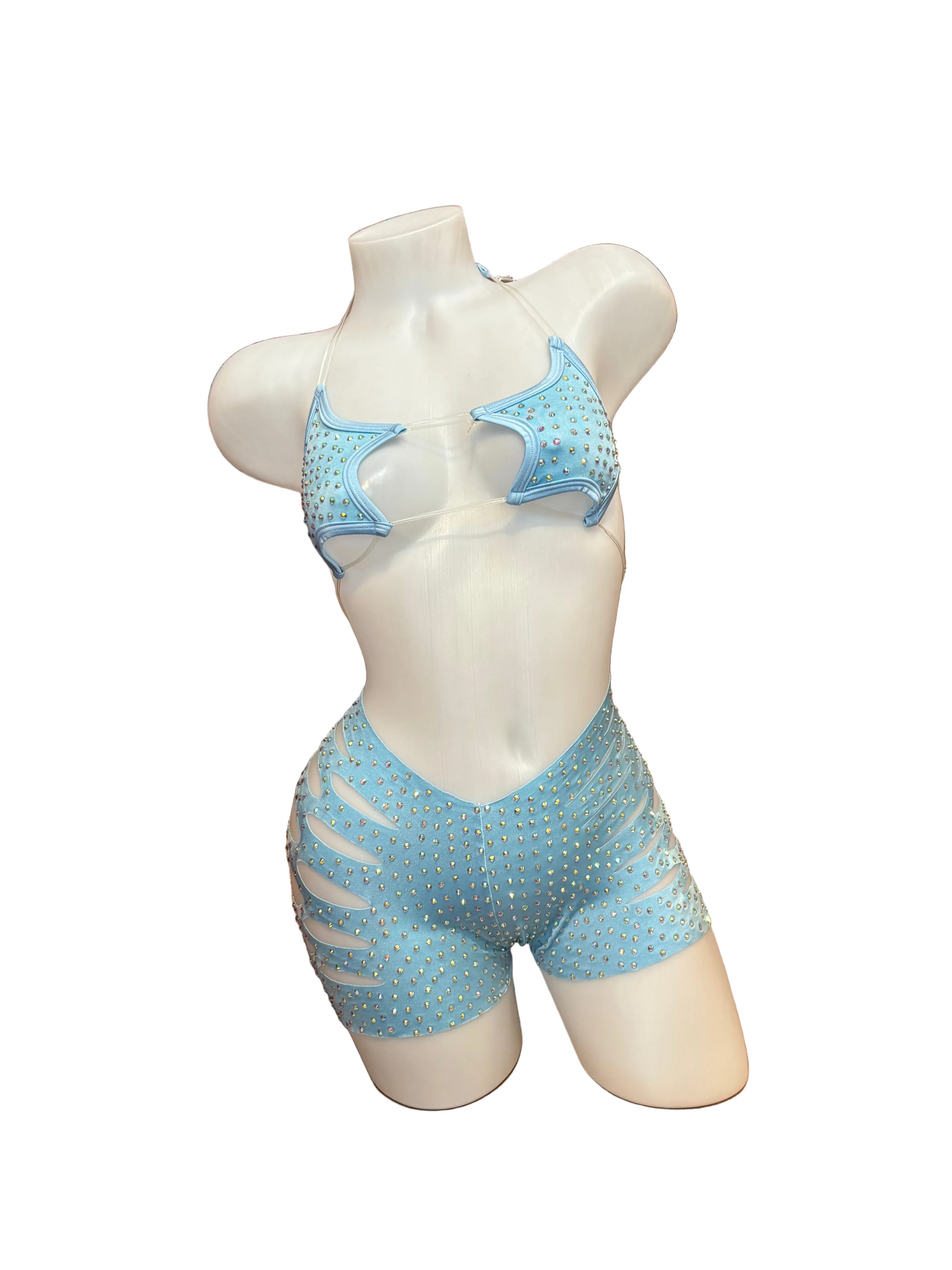 Rhinestone Star Top and Cut Out Short Set Baby Blue - Model Express Vancouver