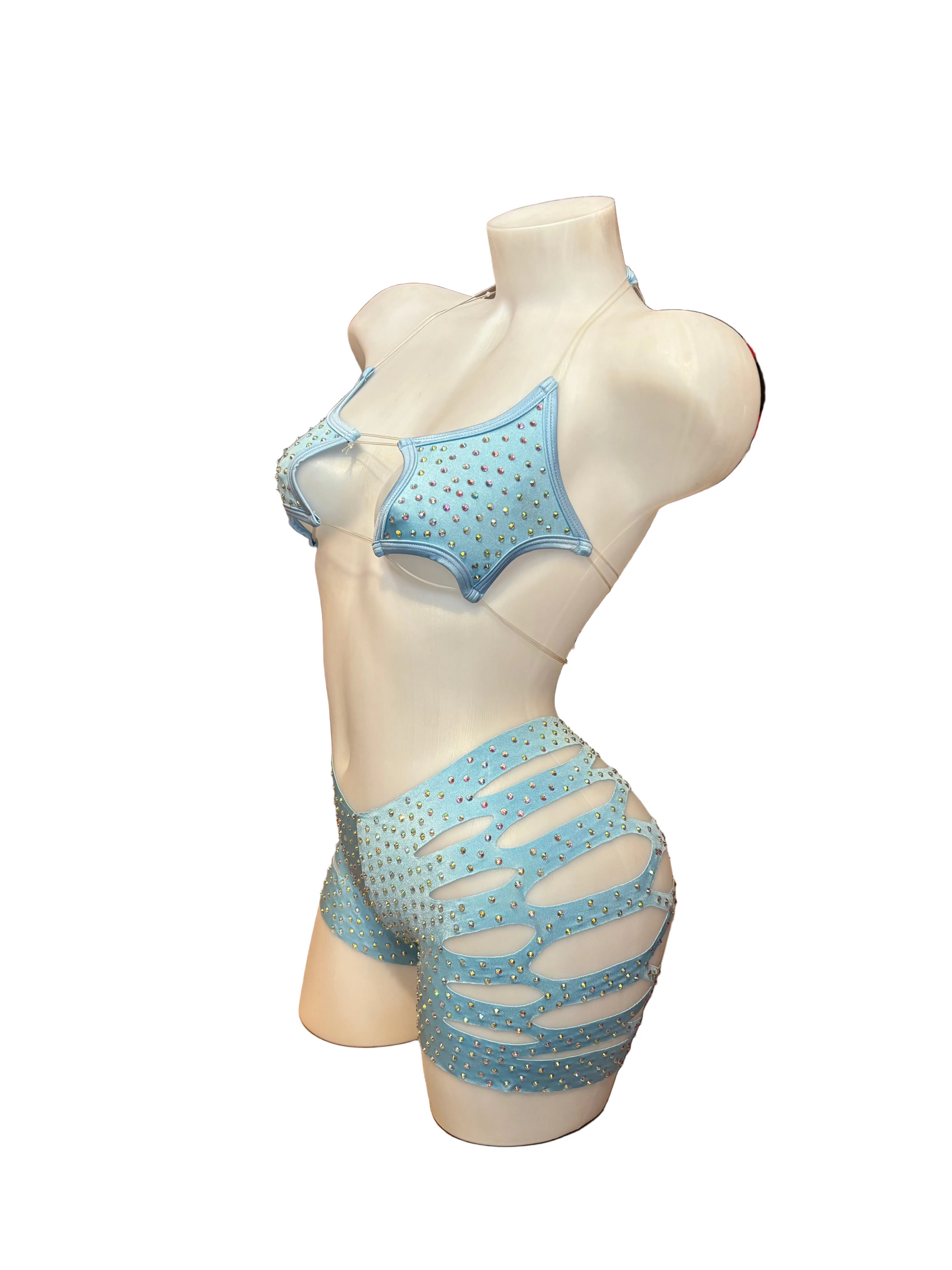 Rhinestone Star Top and Cut Out Short Set Baby Blue - Model Express Vancouver