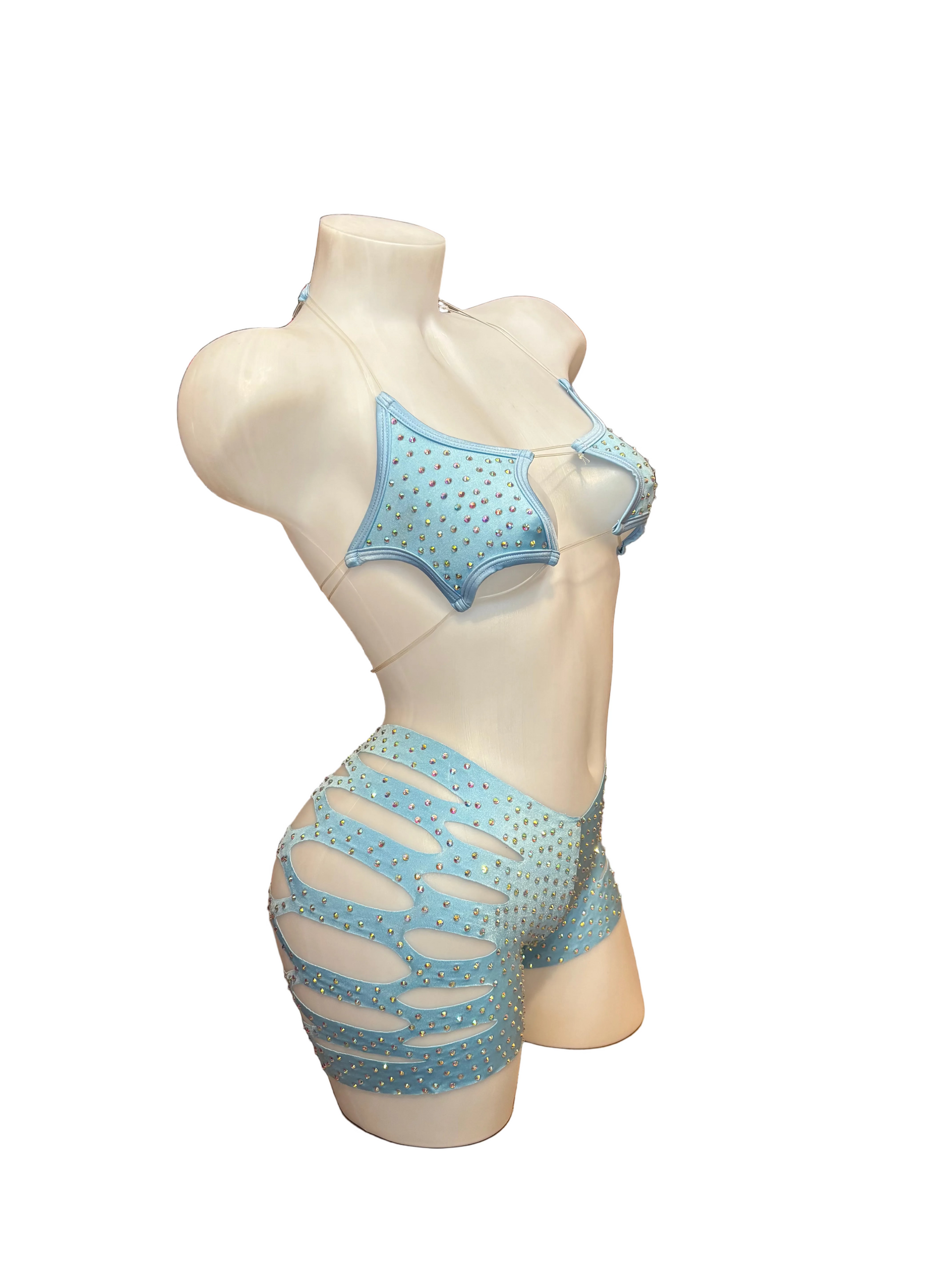 Rhinestone Star Top and Cut Out Short Set Baby Blue - Model Express Vancouver