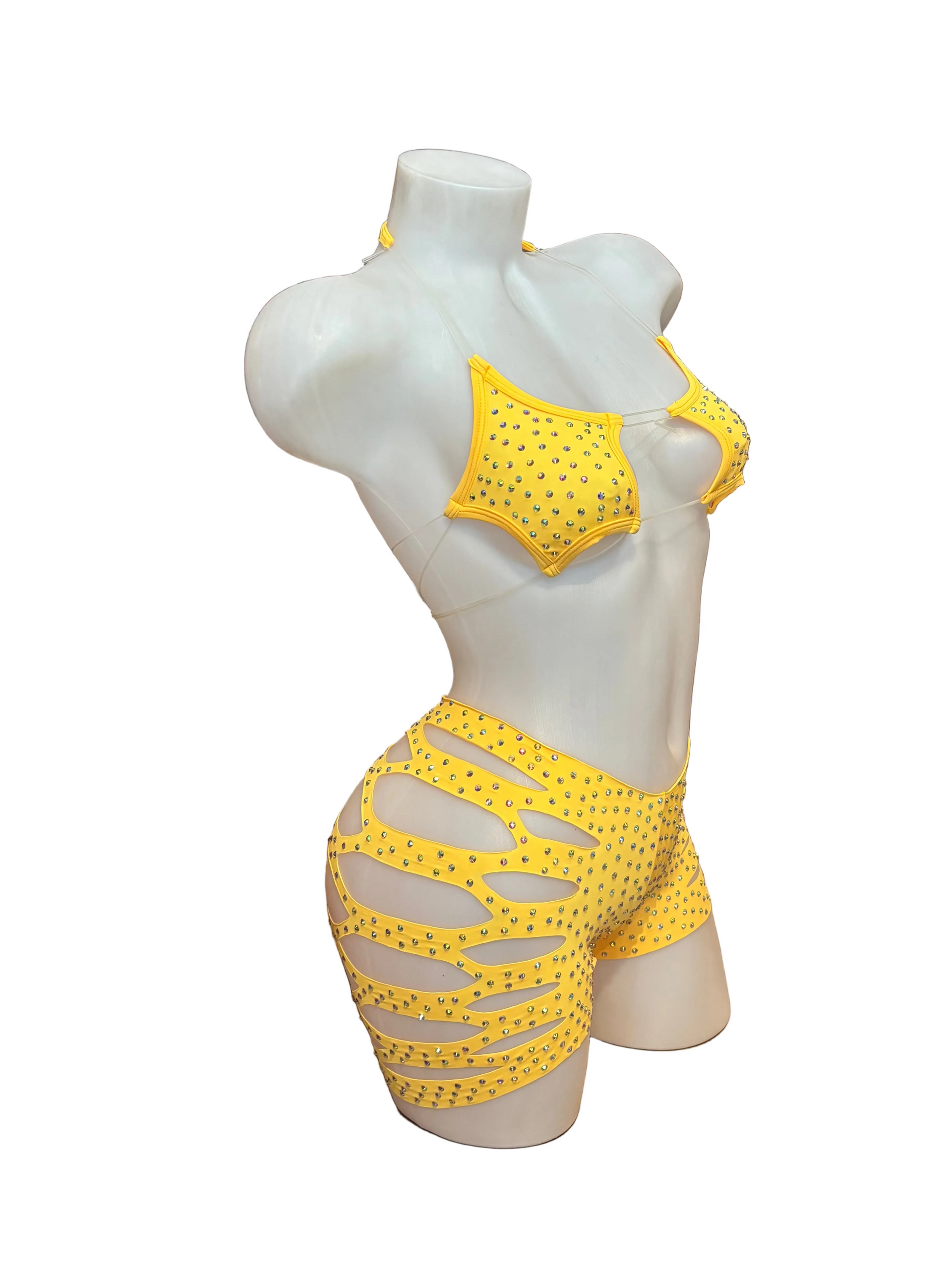 Rhinestone Star Top and Cut Out Short Set Sunshine Yellow - Model Express Vancouver