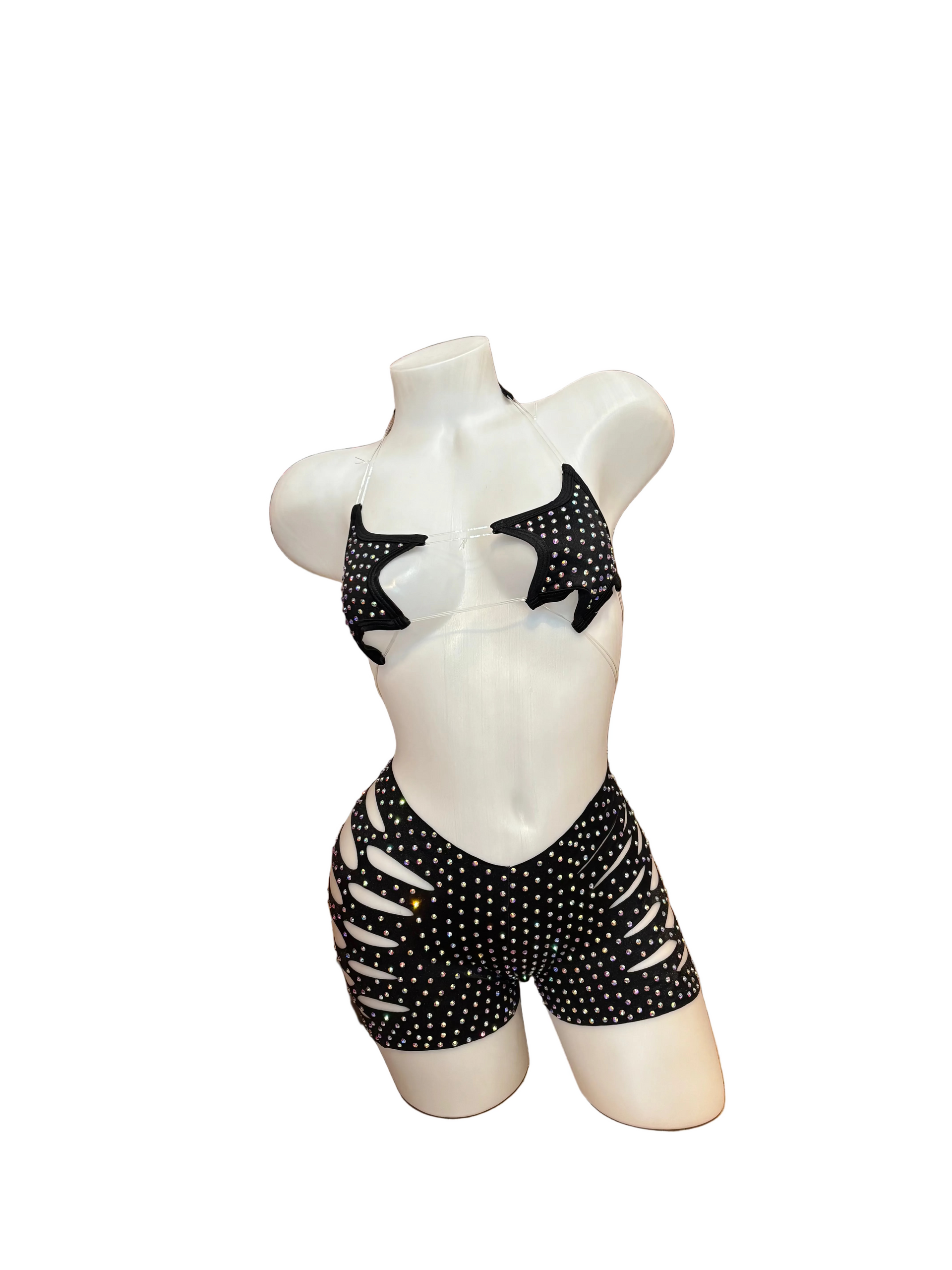 Rhinestone Star Top and Cut Out Short Set Black - Model Express Vancouver