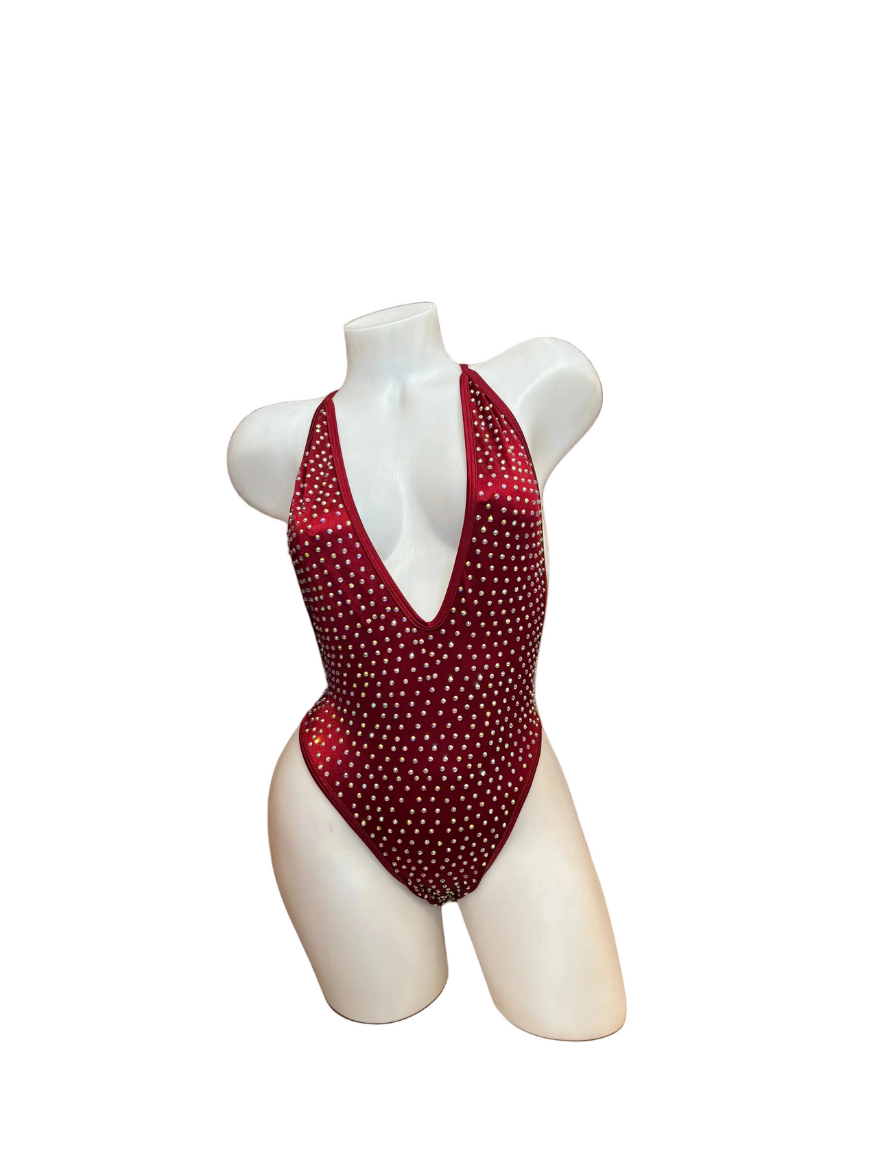 Rhinestone One Piece Bodysuit Burgundy - Model Express Vancouver