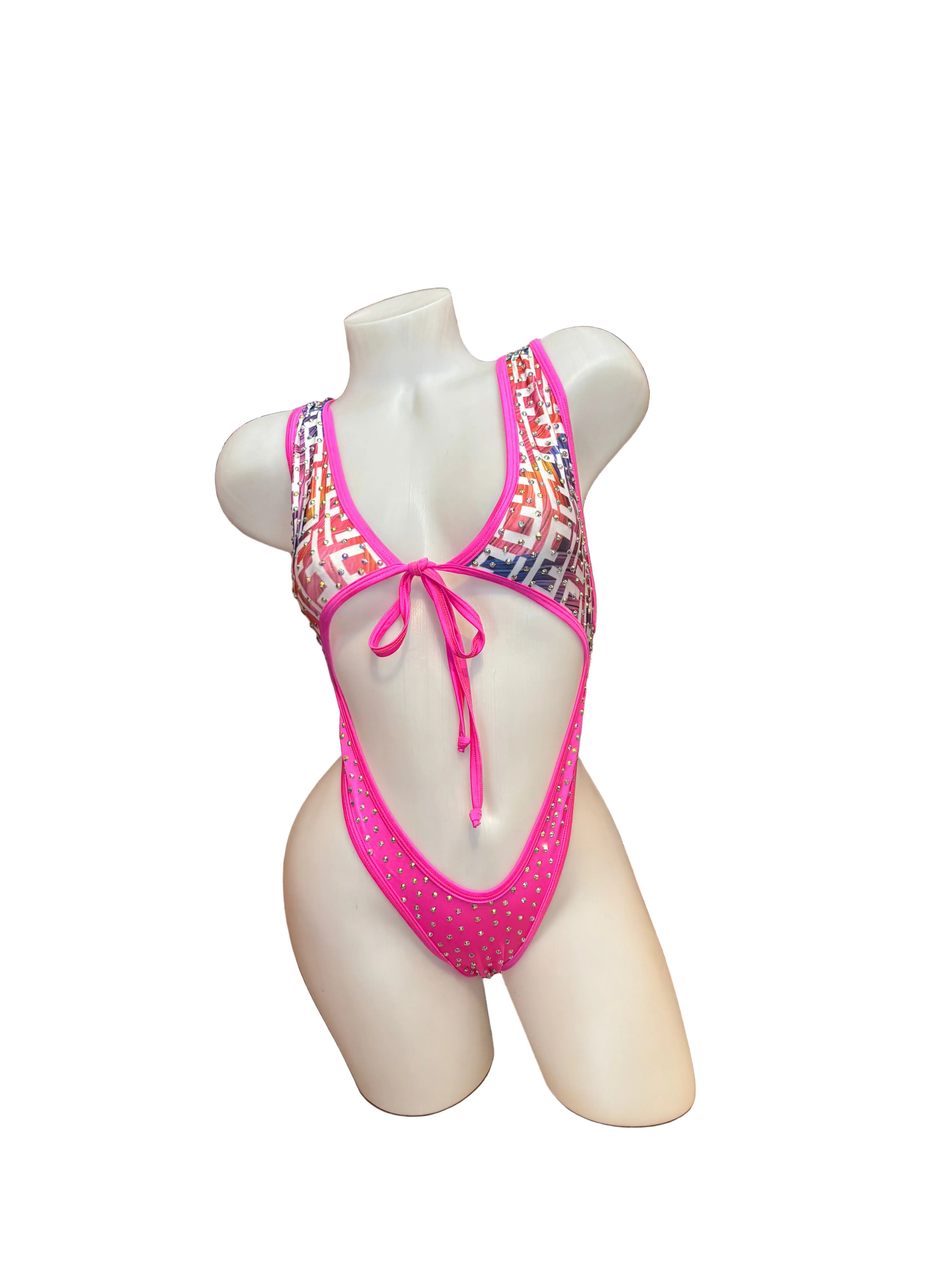 Rhinestone Front Tie One Piece - Design Multi/Pink - Model Express Vancouver