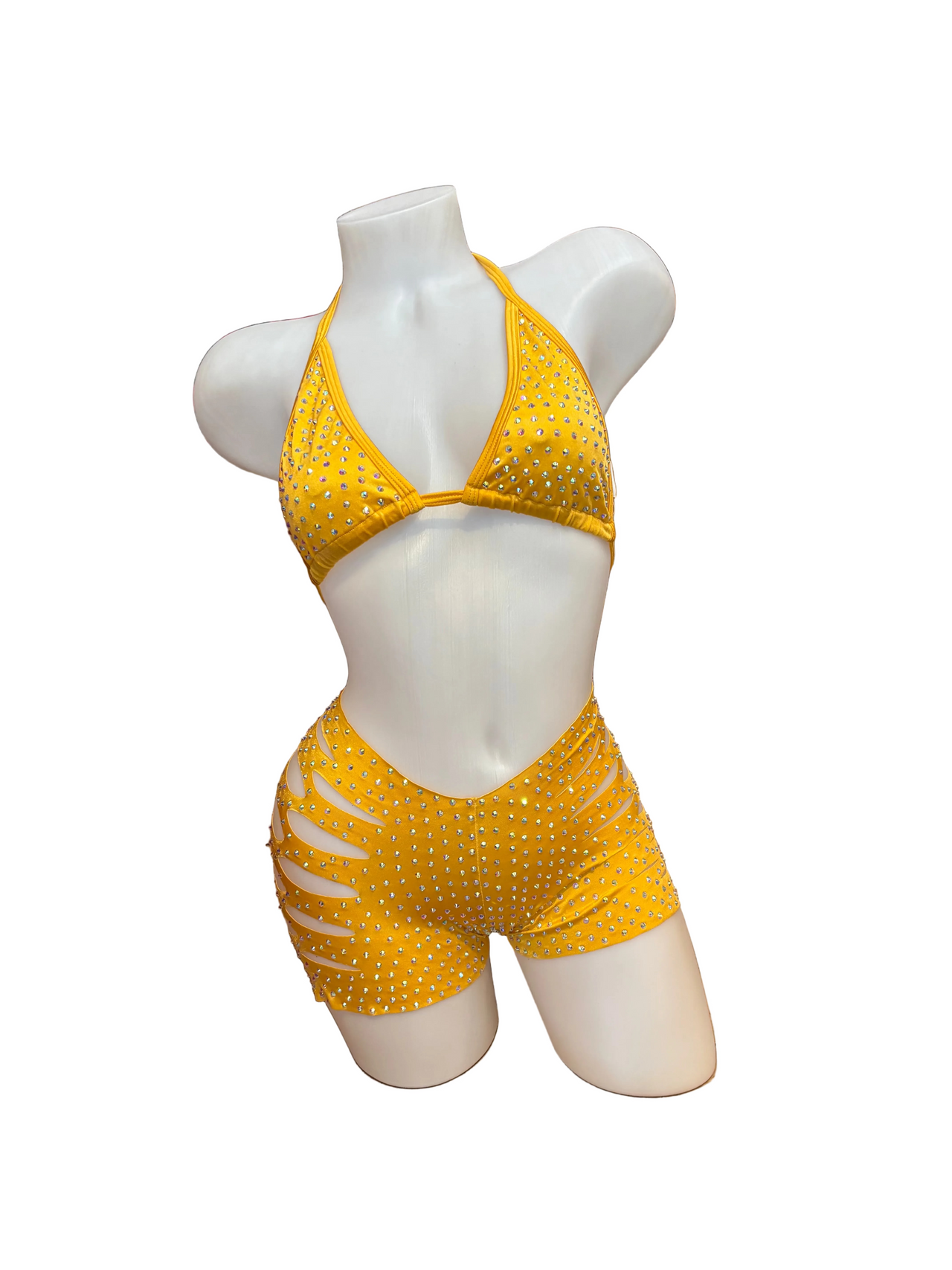 Rhinestone Triangle Top and Cut Out Short Set Yellow Gold - Model Express Vancouver
