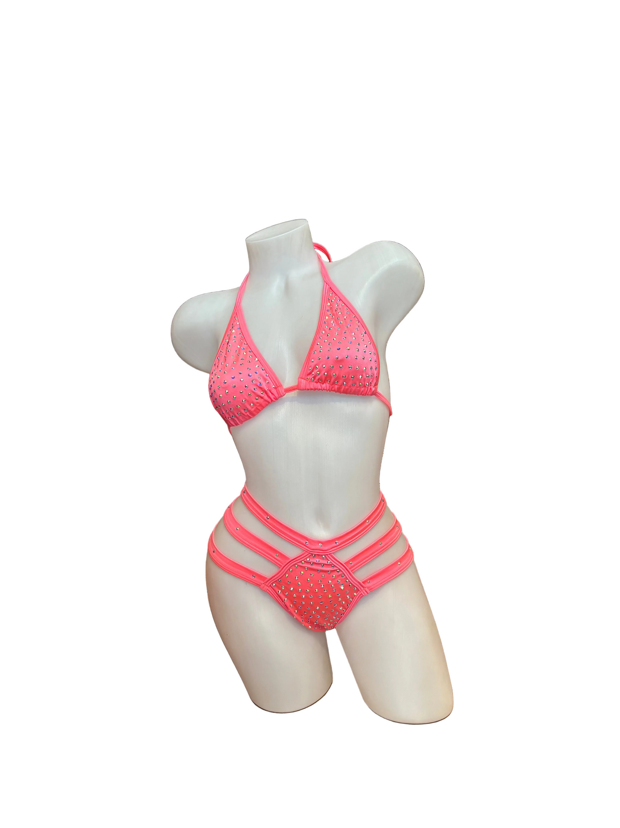 Rhinestone Triple Strap Bikini Set Coral - Model Express Vancouver