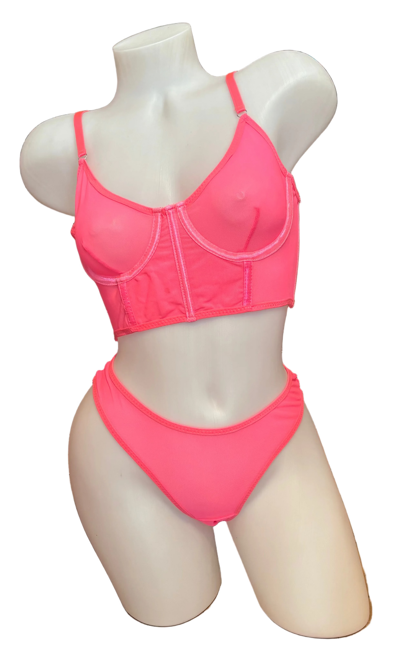 Mesh Underwire Cami and Thong Set Neon Pink
