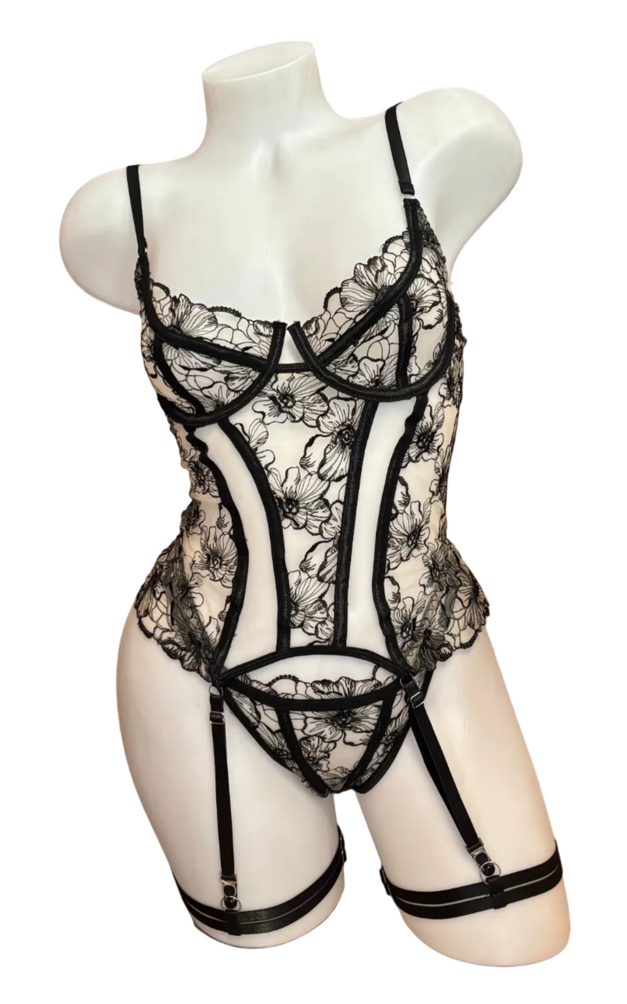 Underwire Garter Bustier with Leg Straps Black